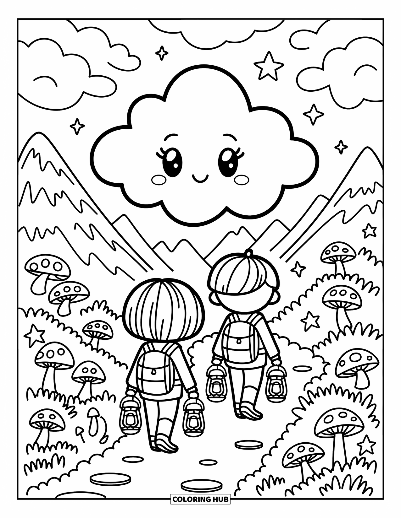 Weather Coloring Page for Adults: A shy cloud floats above two hikers with lanterns along a misty mountain trail