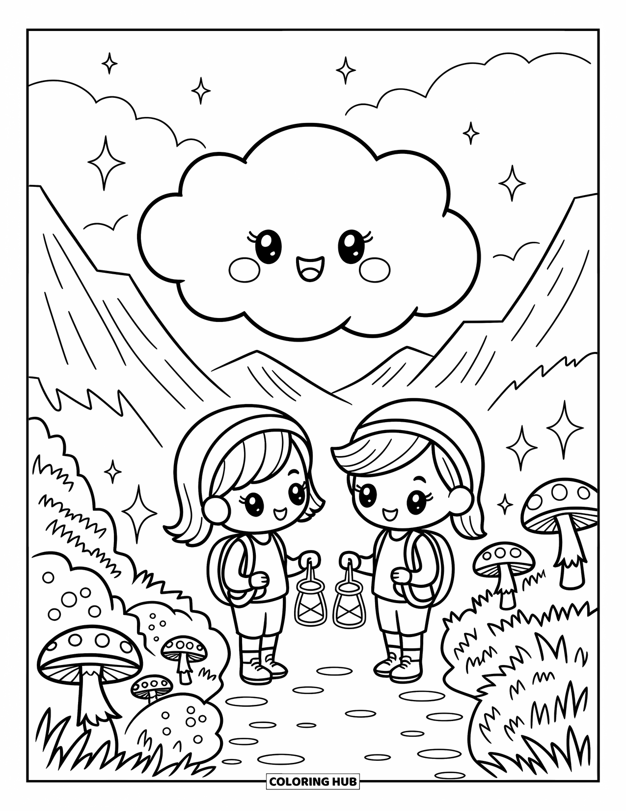 Weather Coloring Page for Adults: A shy cloud floats over two hikers with lanterns on a misty mountain path