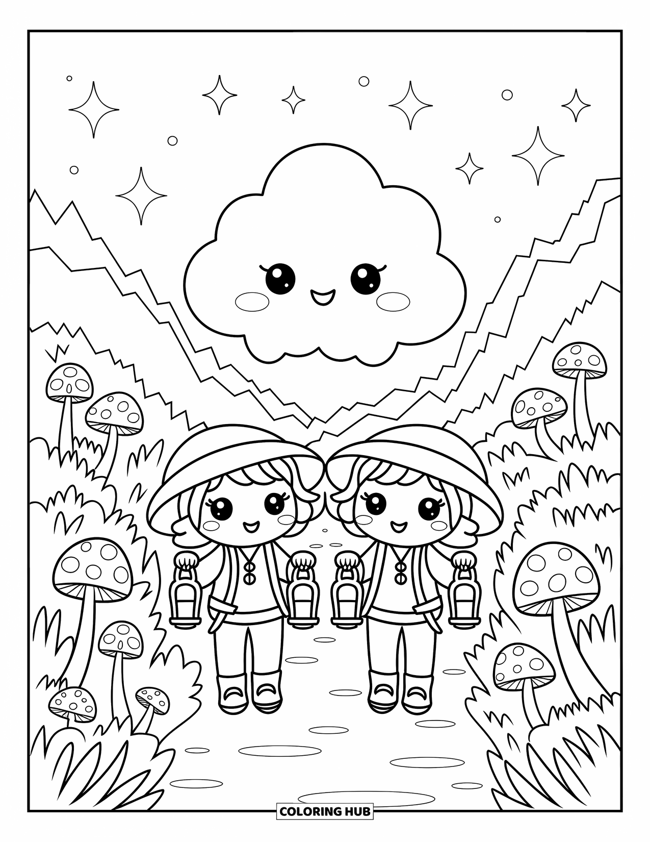 Weather Coloring Page for Adults: A shy cloud watches over hikers while mushrooms and stars peek through the mountain mist