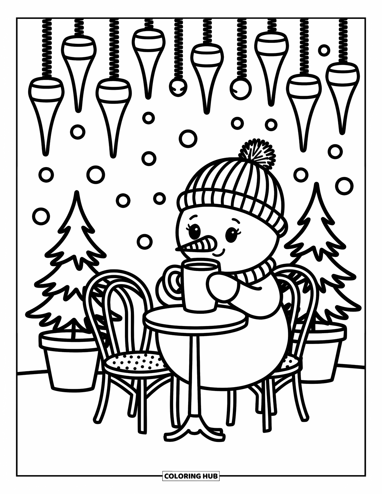 Weather Coloring Page for Adults: A snowman enjoys a warm drink outside with snowflakes, pine trees, and hanging icicles