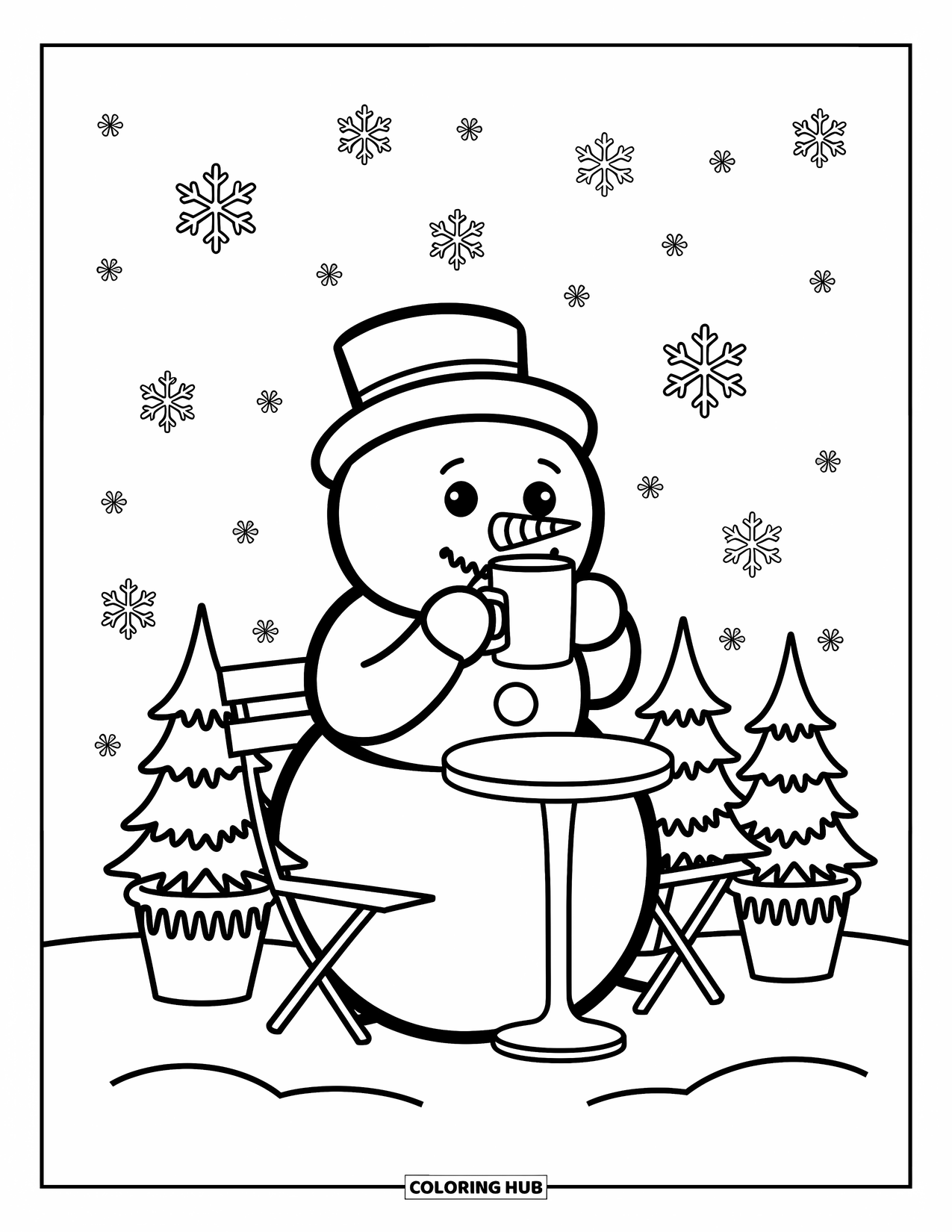 Weather Coloring Page for Adults: A snowman sips from a mug at a tiny cafÈ table beneath falling snowflakes and icicles