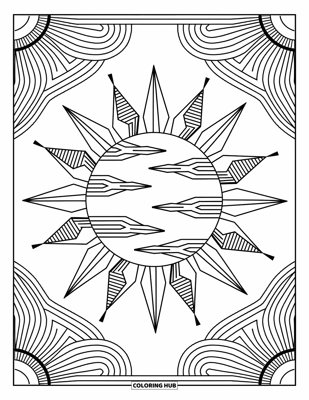 Weather Coloring Page for Adults: A stylized sun shines in the center, surrounded by geometric shapes and weather patterns