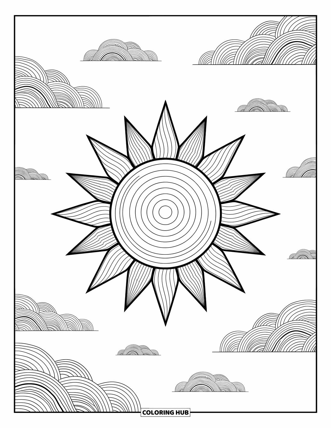 Weather Coloring Page for Adults: A stylized sun with rings and patterns radiates from the center of a detailed design