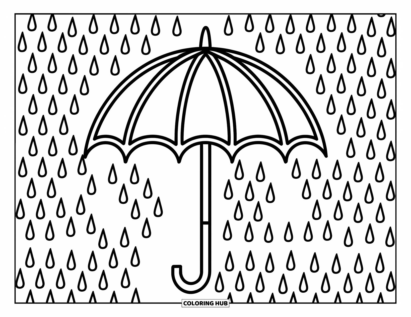 Weather Coloring Page for Adults: A stylized umbrella spins with raindrop patterns and intricate swirls all around