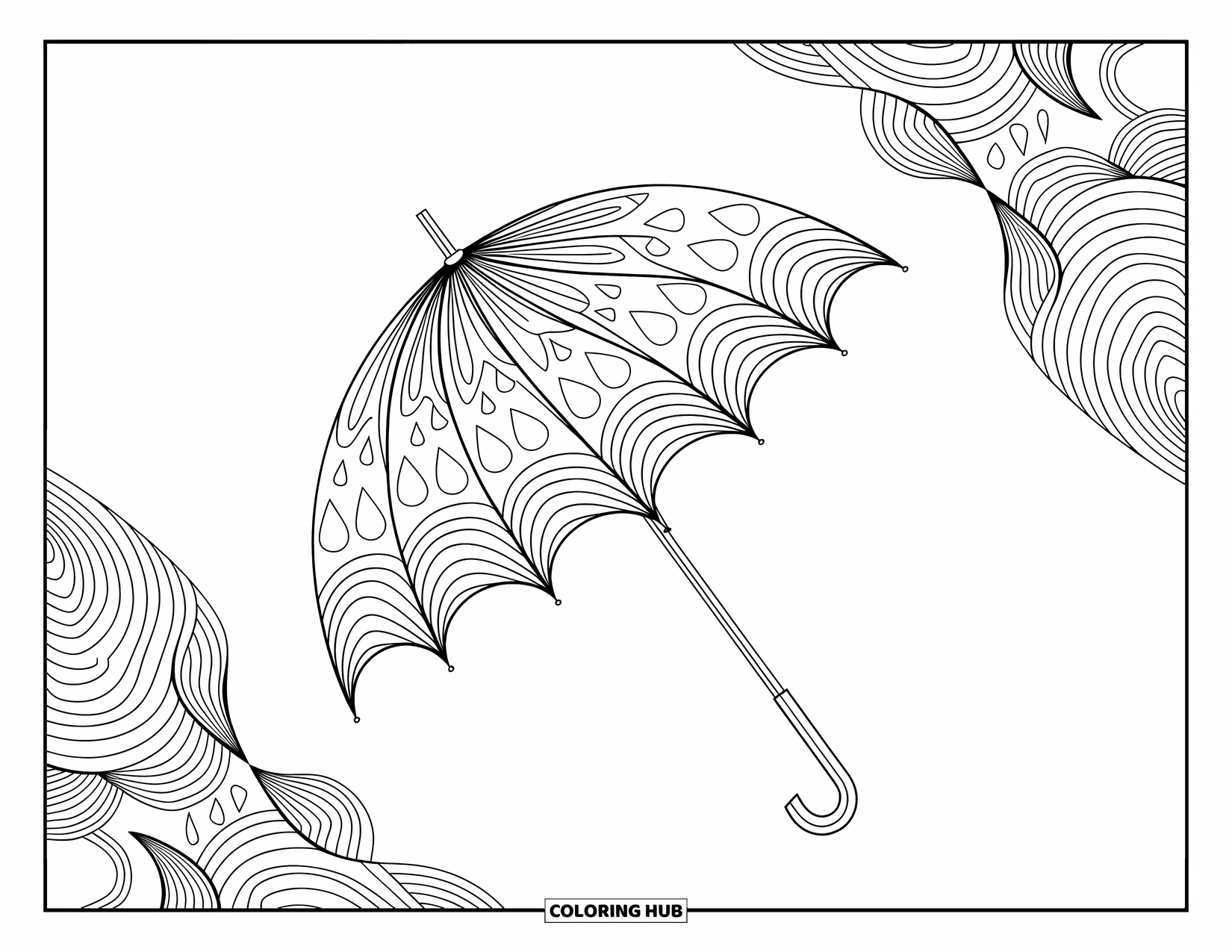 Weather Coloring Page for Adults: An umbrella with swirling raindrops stands at the center of an elegant, patterned design