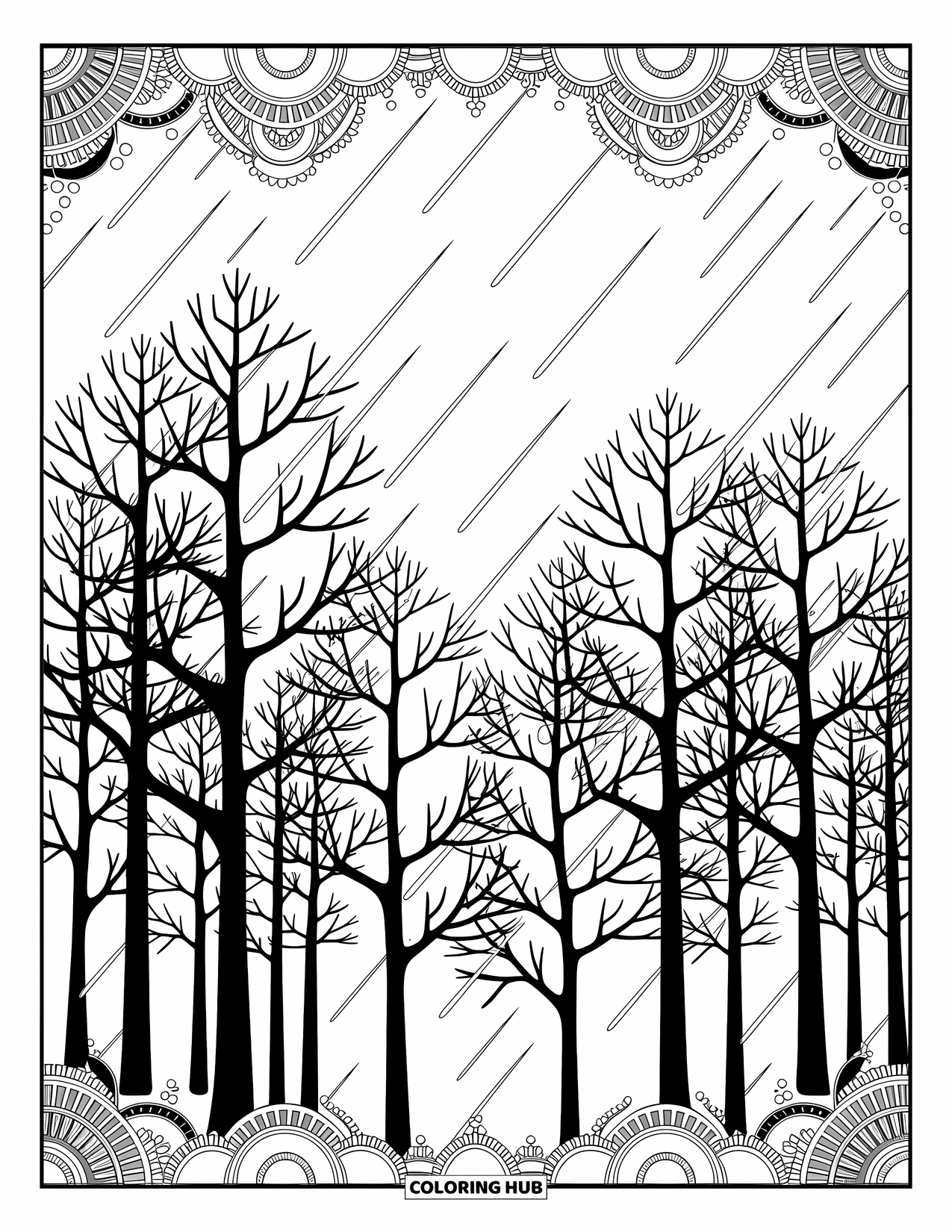 Weather Coloring Page for Adults: Bare trees bend in the wind as rain streaks through a stormy, detailed forest