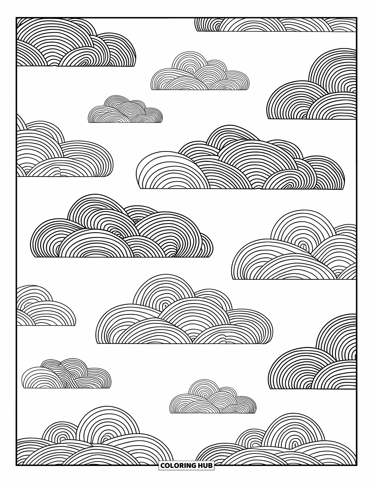 Weather Coloring Page for Adults: Cumulus, cirrus, and stratus clouds drift through a sky filled with elegant patterns