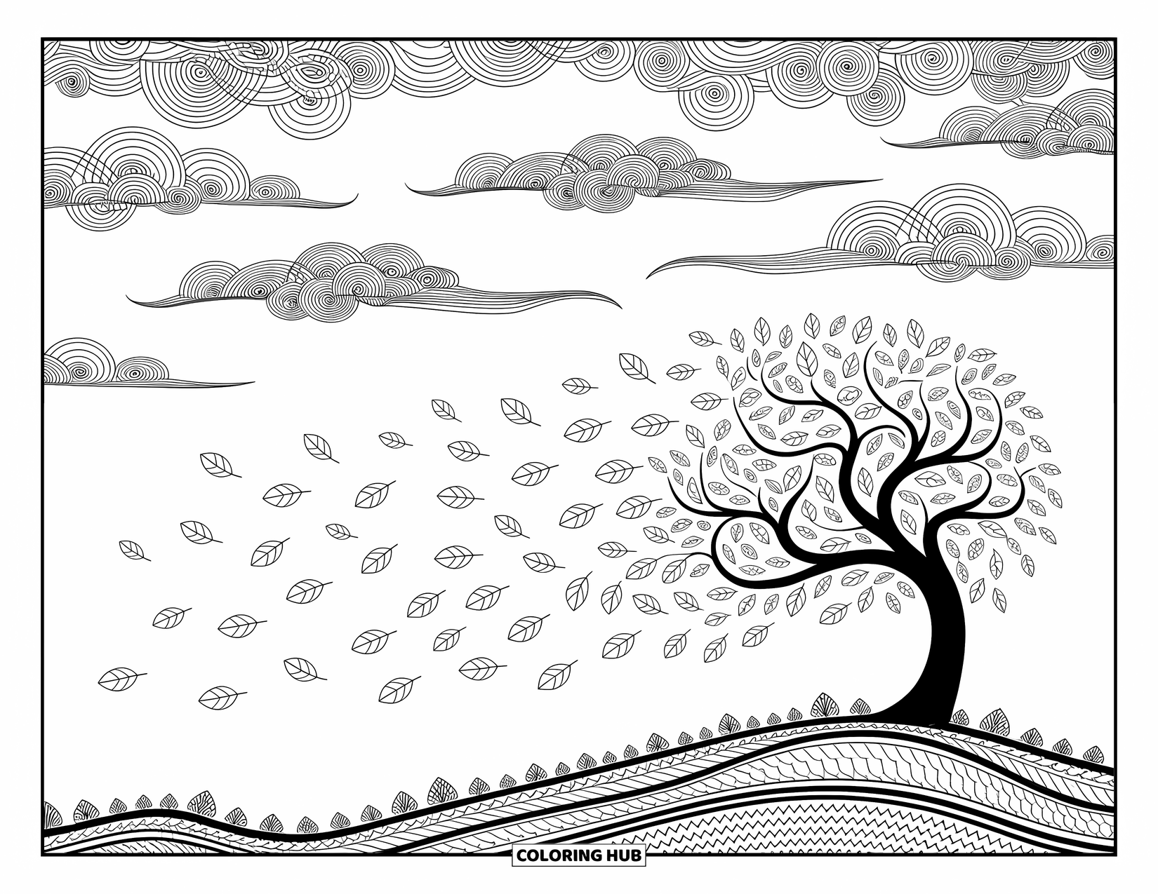 Weather Coloring Page for Adults: Falling leaves swirl beneath a tree under a sky of intricate clouds and breezy lines
