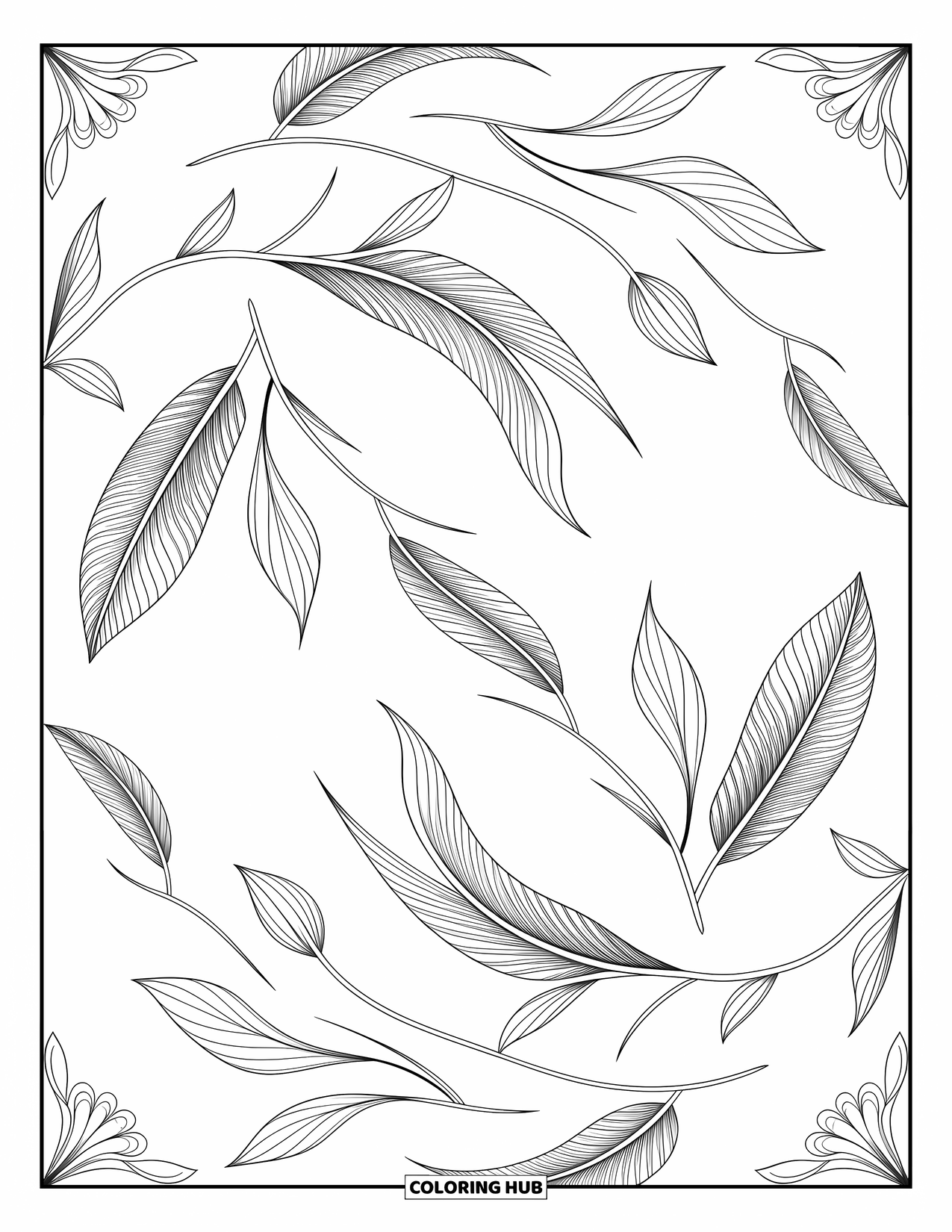 Weather Coloring Page for Adults: Flowing lines swirl through leaves, petals, and feathers in a peaceful, detailed design