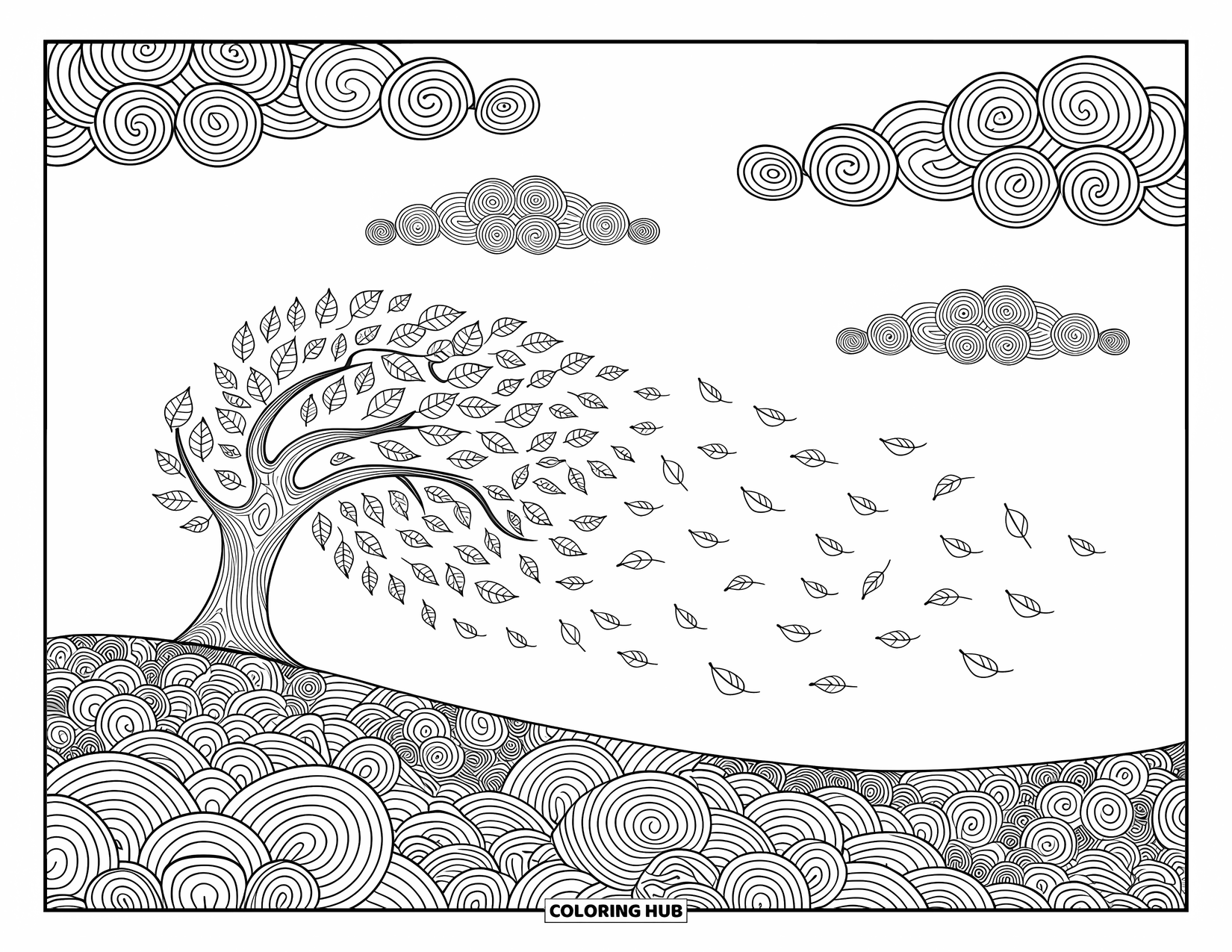 Weather Coloring Page for Adults: Leaves swirl around a tree under autumn winds and detailed, patterned clouds above