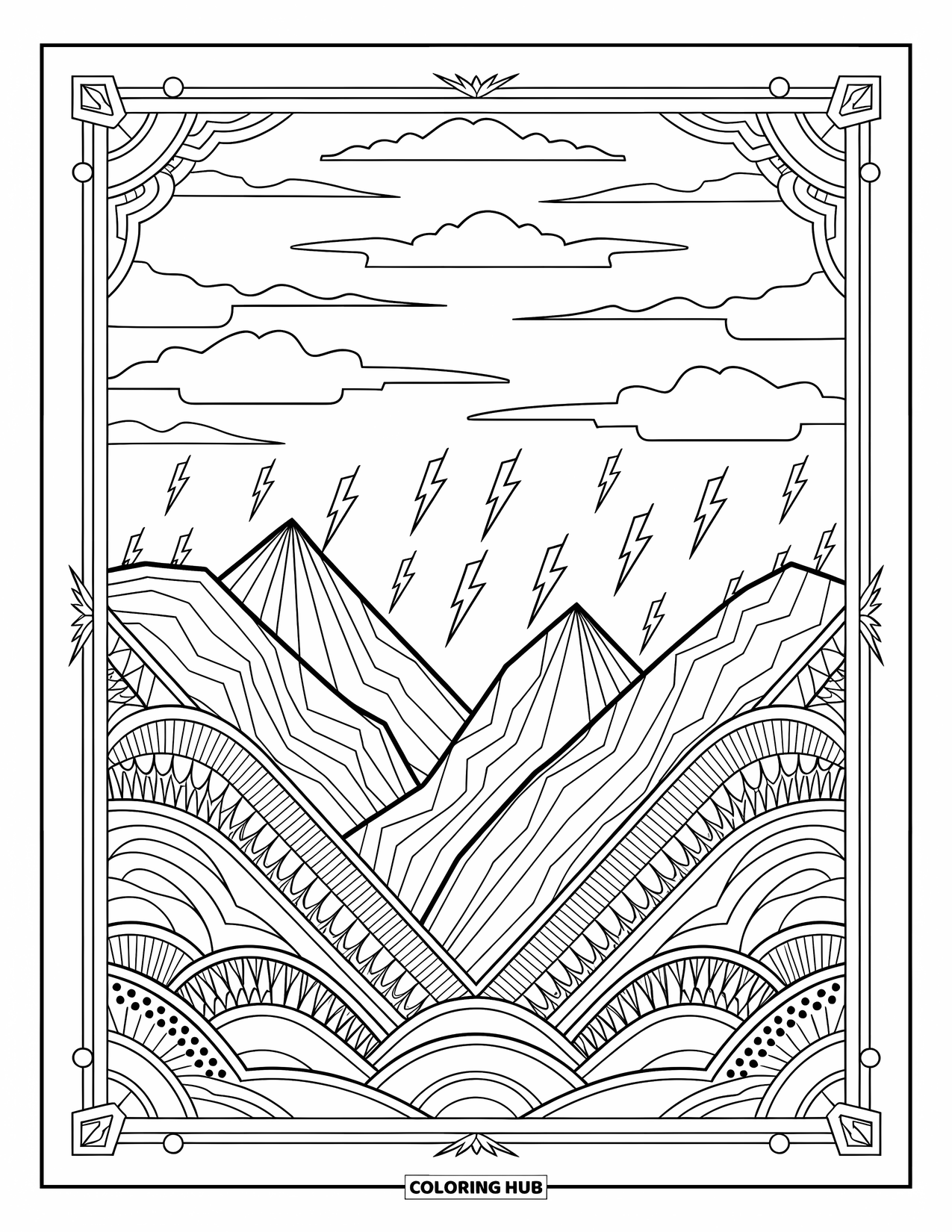 Weather Coloring Page for Adults: Lightning flashes over quiet mountains with swirling clouds and elegant decorative borders