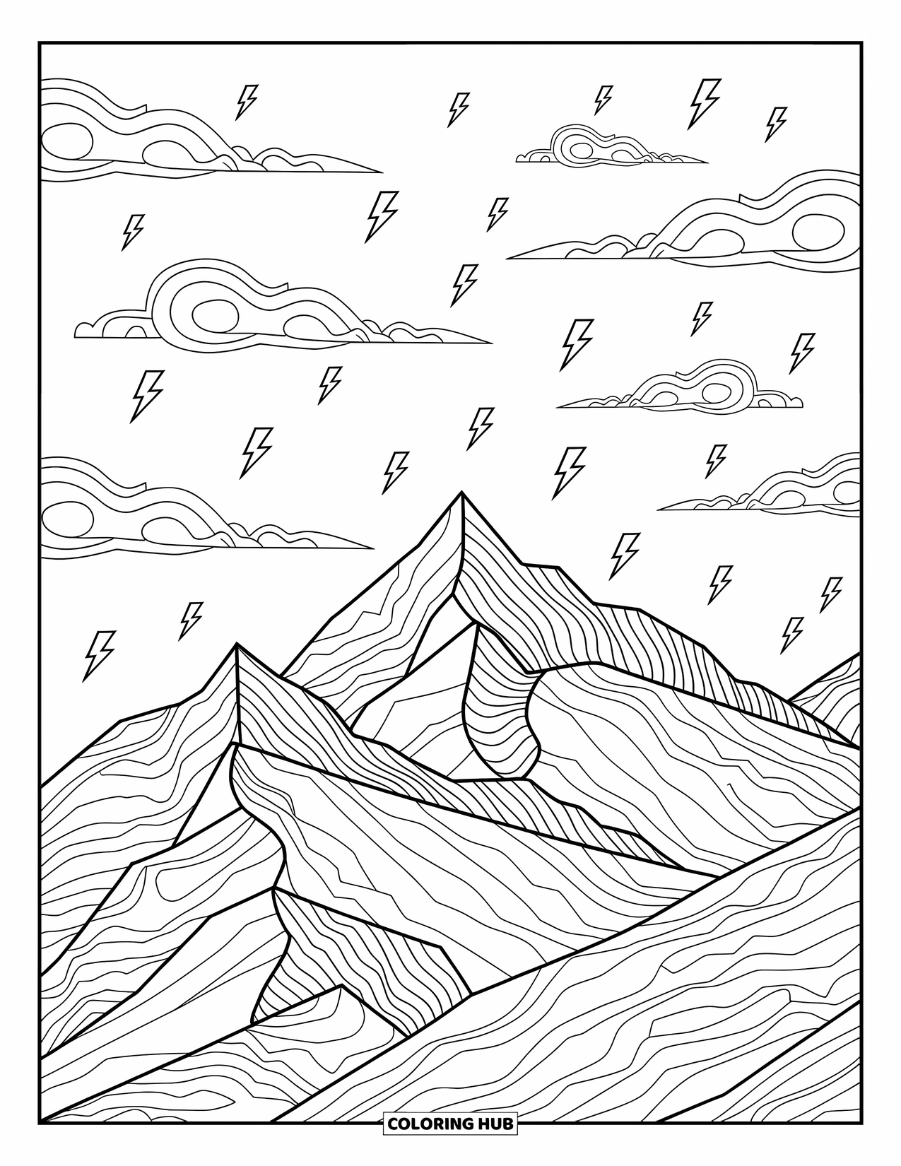 Weather Coloring Page for Adults: Mountains, clouds, and lightning fill a calm landscape rich with patterns and elegant lines