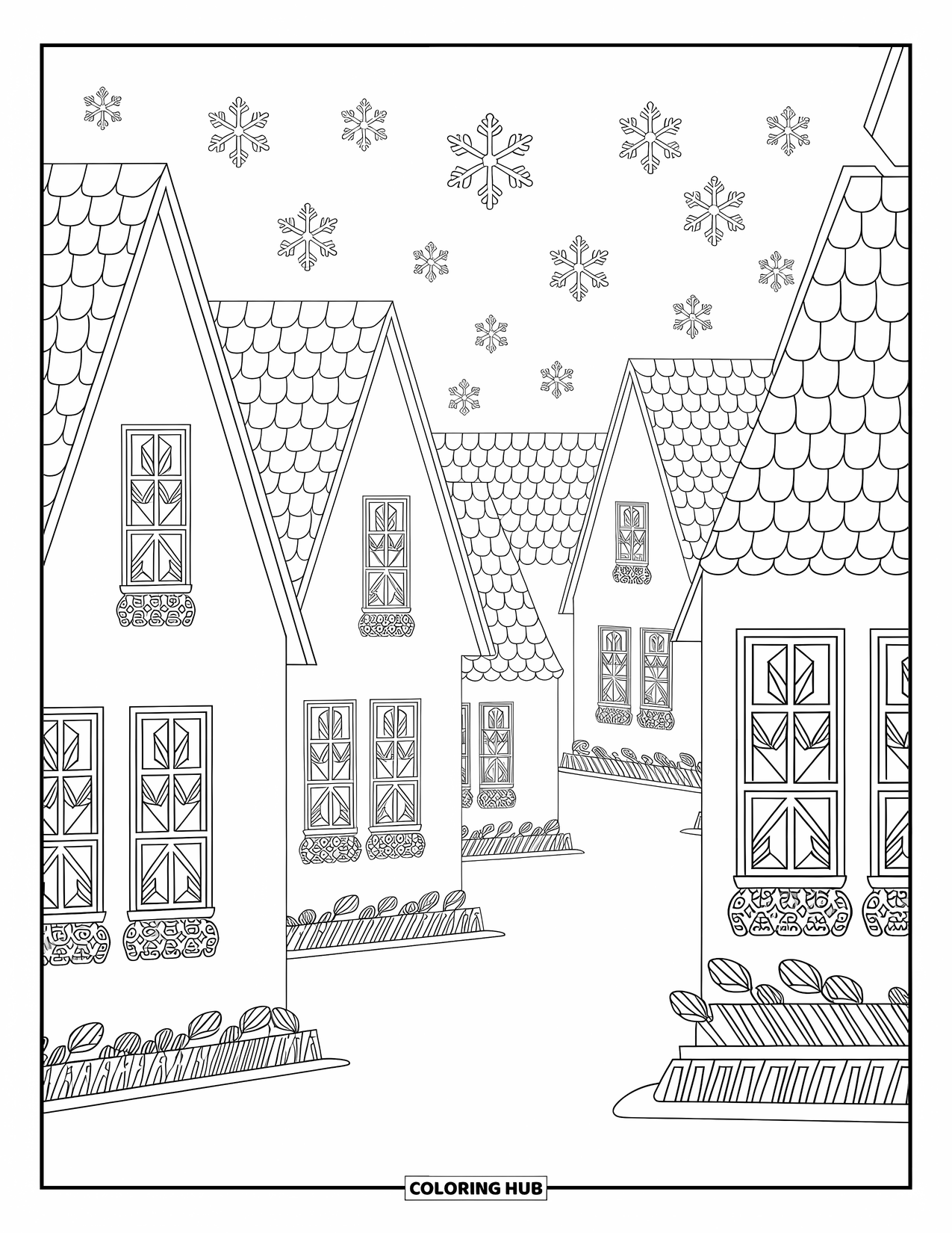 Weather Coloring Page for Adults: Snow falls softly over village rooftops with frosted windows and intricate winter details