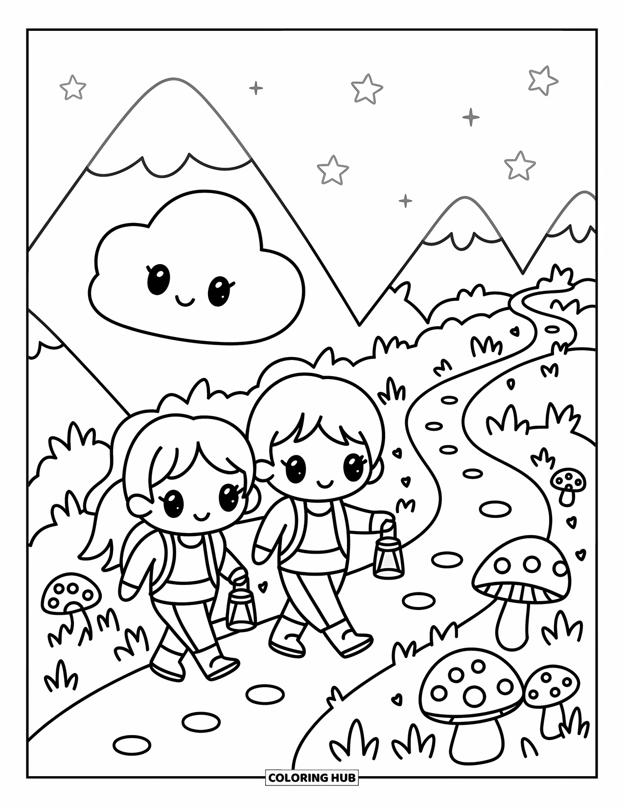 Weather Coloring Page for Adults: Two hikers walk under a gentle cloud as stars twinkle through the foggy sky