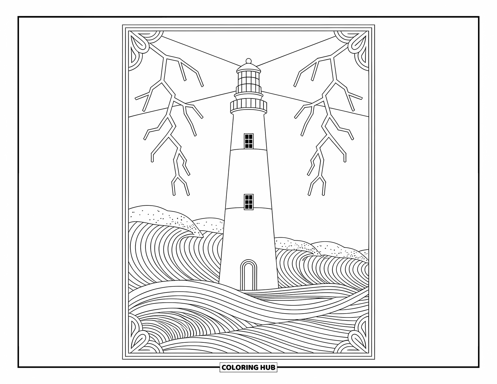 Weather Coloring Page for Adults: Waves crash and lightning strikes as a lighthouse stands strong in a detailed coastal scene
