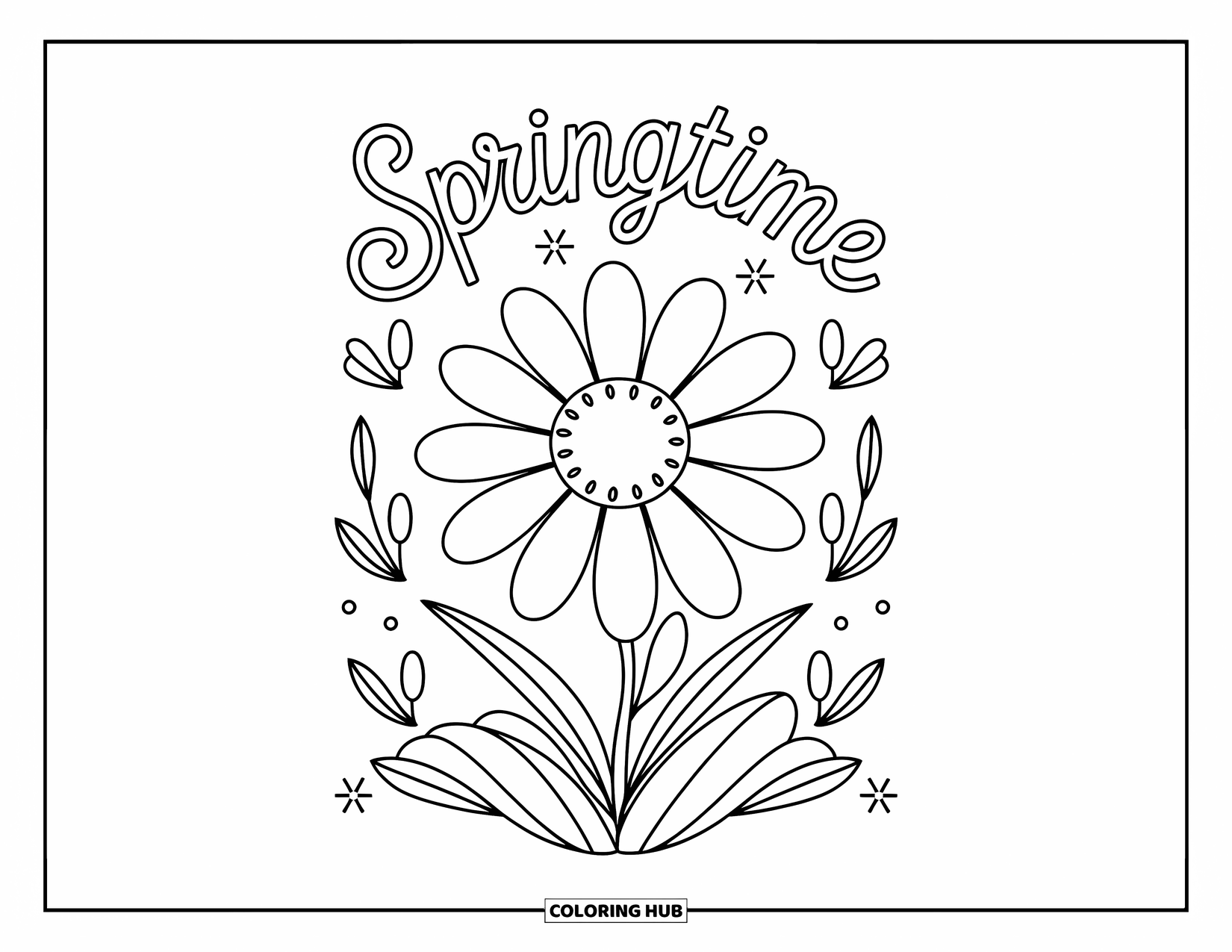 Weather Coloring Page for Kids: A big flower blooms brightly under the word "SPRINGTIME" with swirls and leaves around it