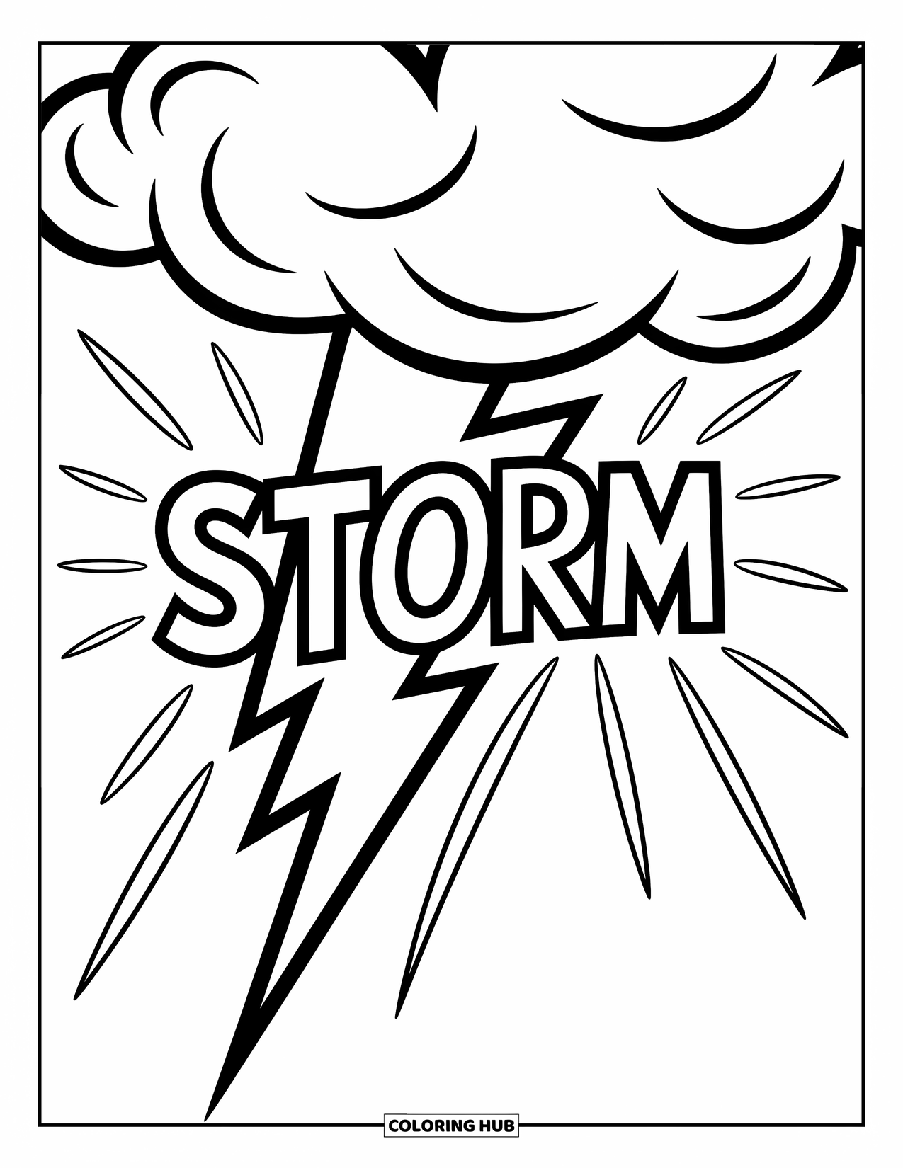 Weather Coloring Page for Kids: A bold lightning bolt bursts through a cloud with "STORM" written inside the flash