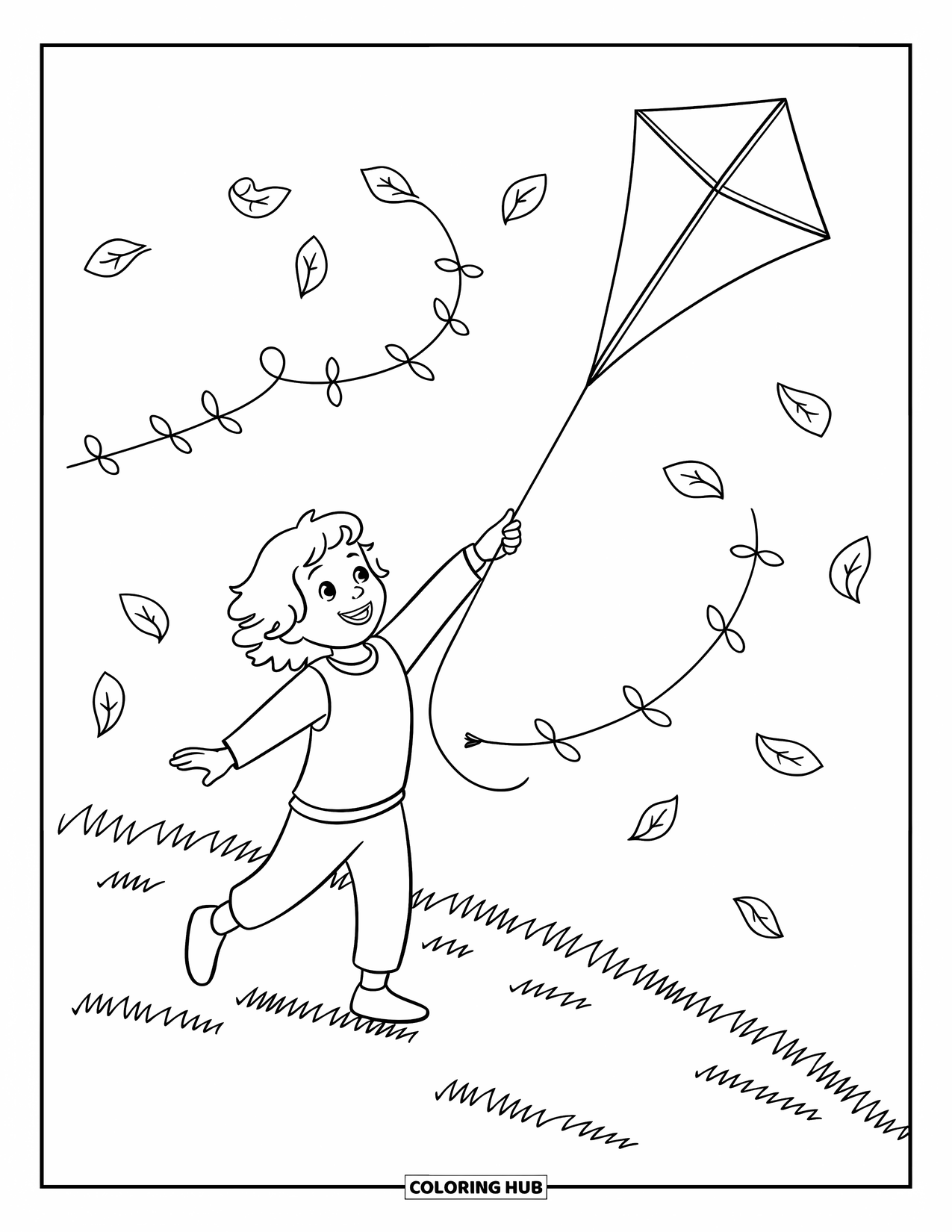 Weather Coloring Page for Kids: A breezy hilltop scene shows a child with a flying kite and swirling leaves