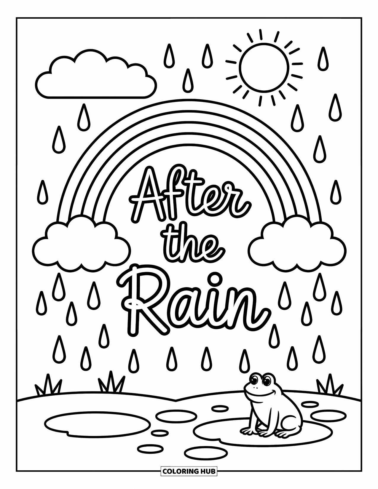 Weather Coloring Page for Kids: A bright rainbow stretches across fluffy clouds with "AFTER THE RAIN" written beneath