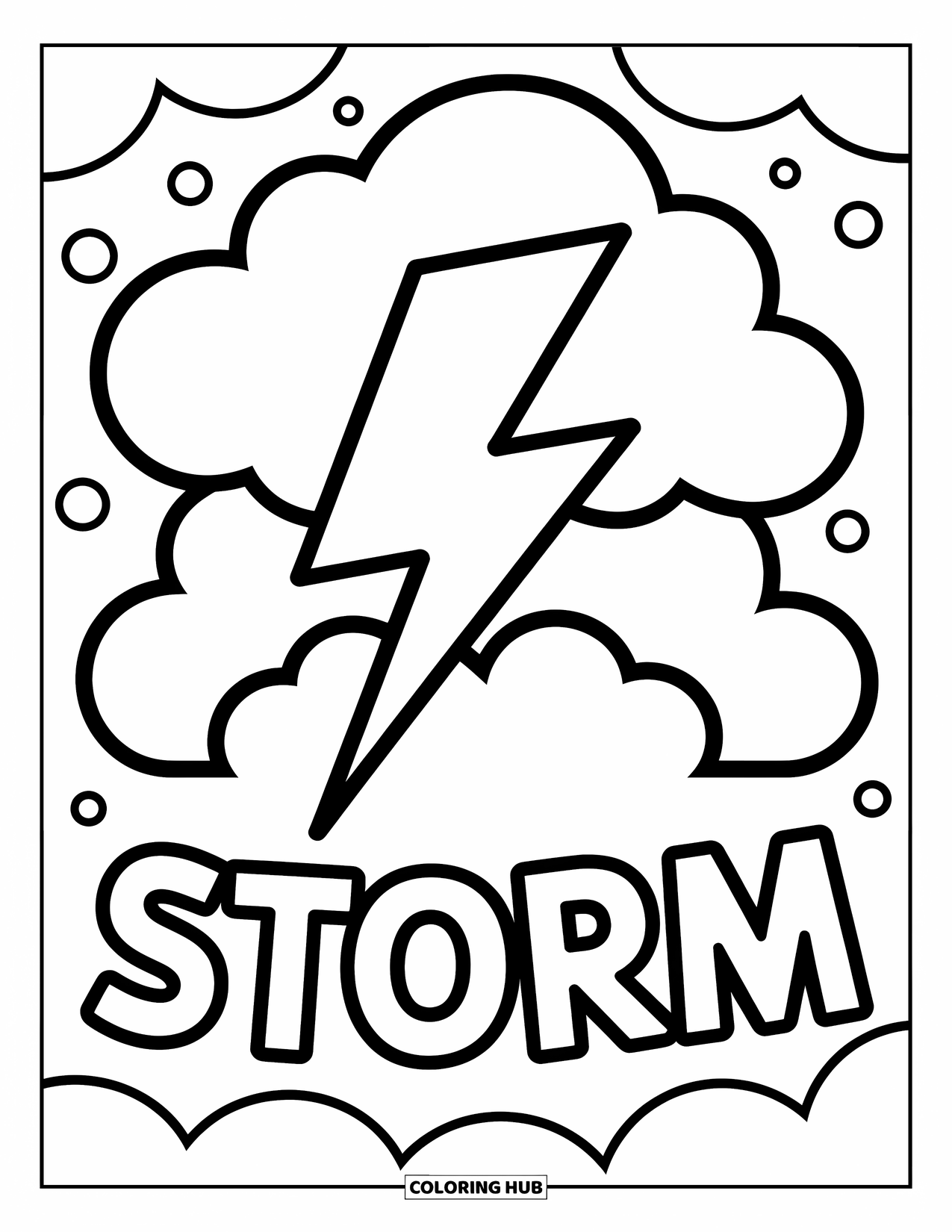 Weather Coloring Page for Kids: A cheerful bolt zips from a cloud with the word "STORM" shining next to it