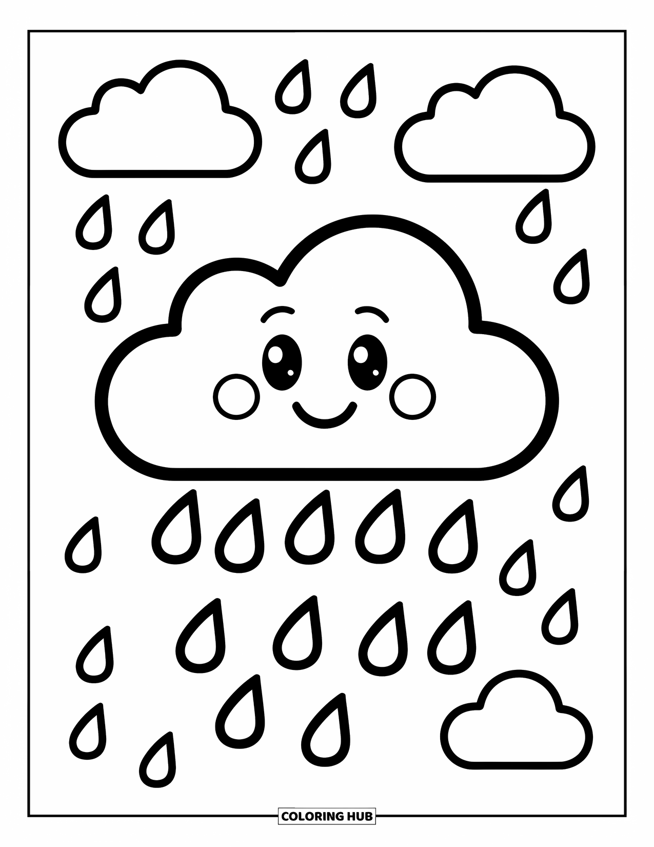 Weather Coloring Page for Kids: A cheerful cloud with a happy face drops rain over a playful, open sky