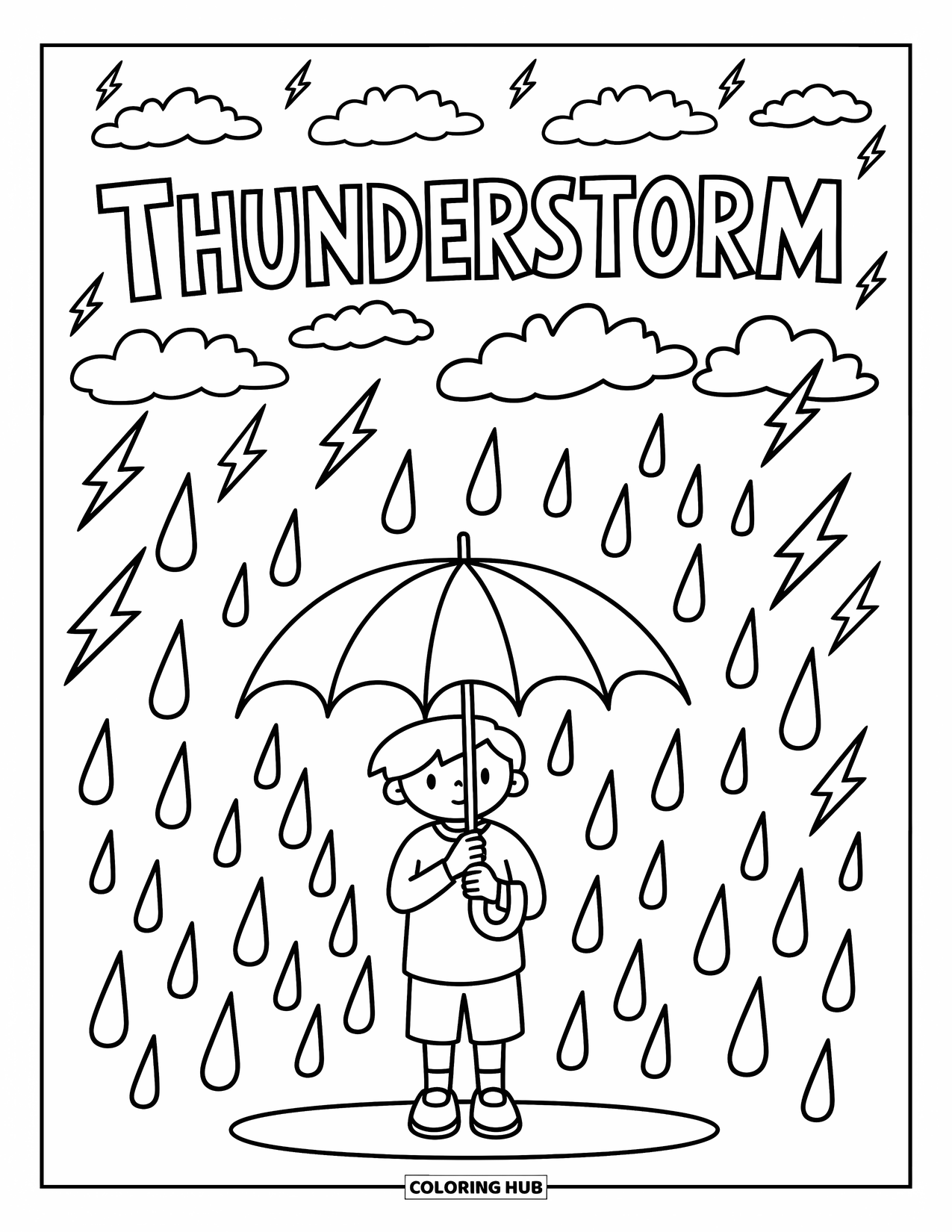 Weather Coloring Page for Kids: A cheerful figure stands beneath raindrops with "THUNDERSTORM" written above in playful letters