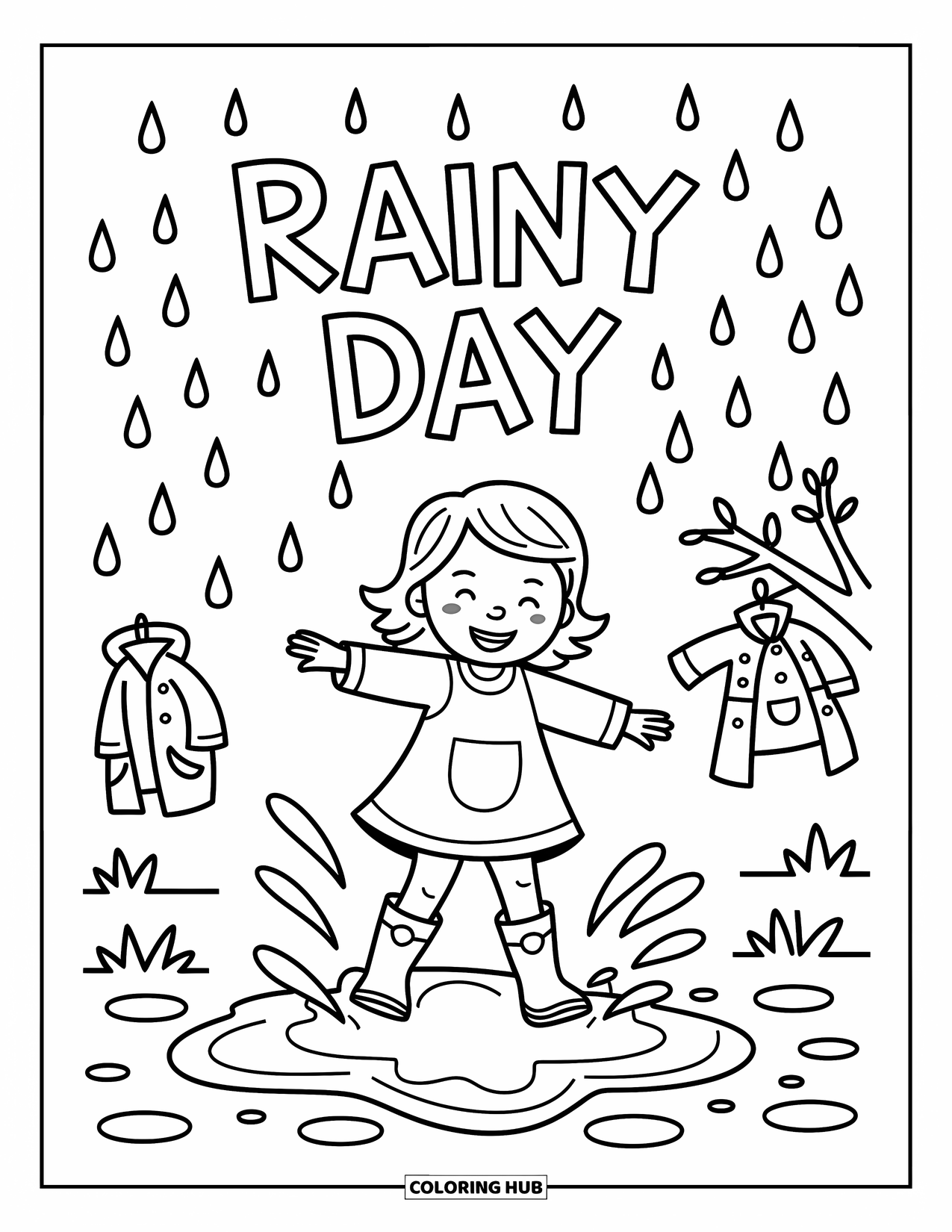 Weather Coloring Page for Kids: A cheerful girl plays in puddles as "RAINY DAY" appears above with splashes all around