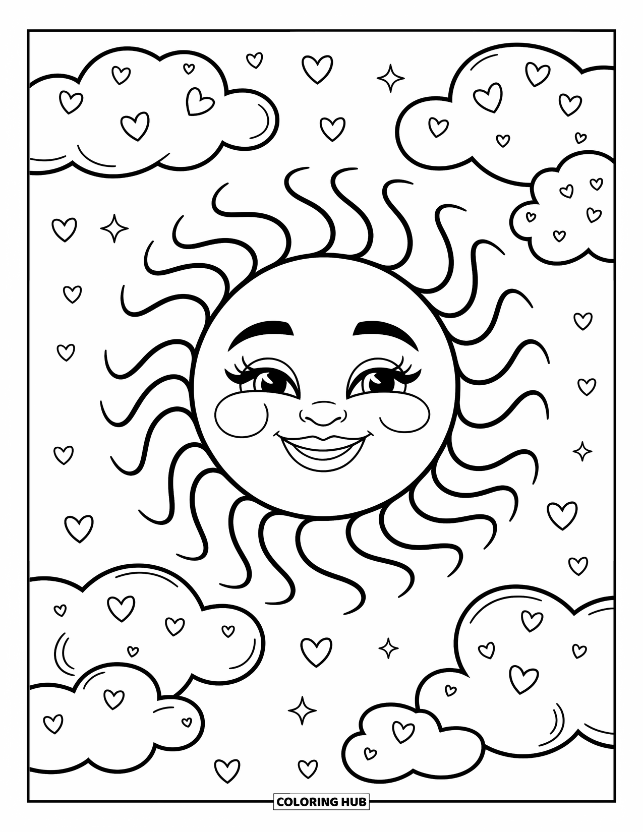 Weather Coloring Page for Kids: A cheerful sun shines over clouds shaped like animals, stars, and hearts