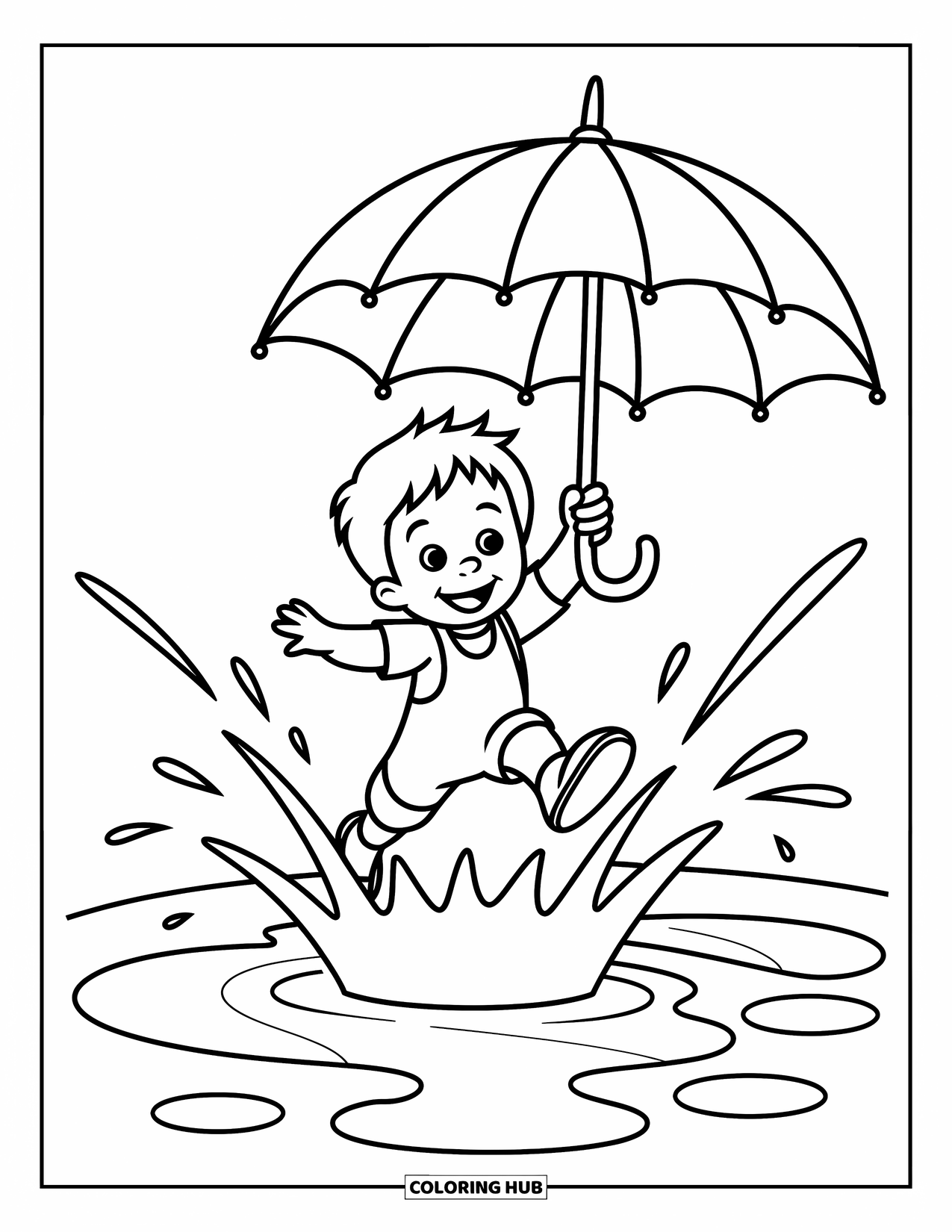 Weather Coloring Page for Kids: A child jumps into a puddle with an umbrella and a big joyful splash