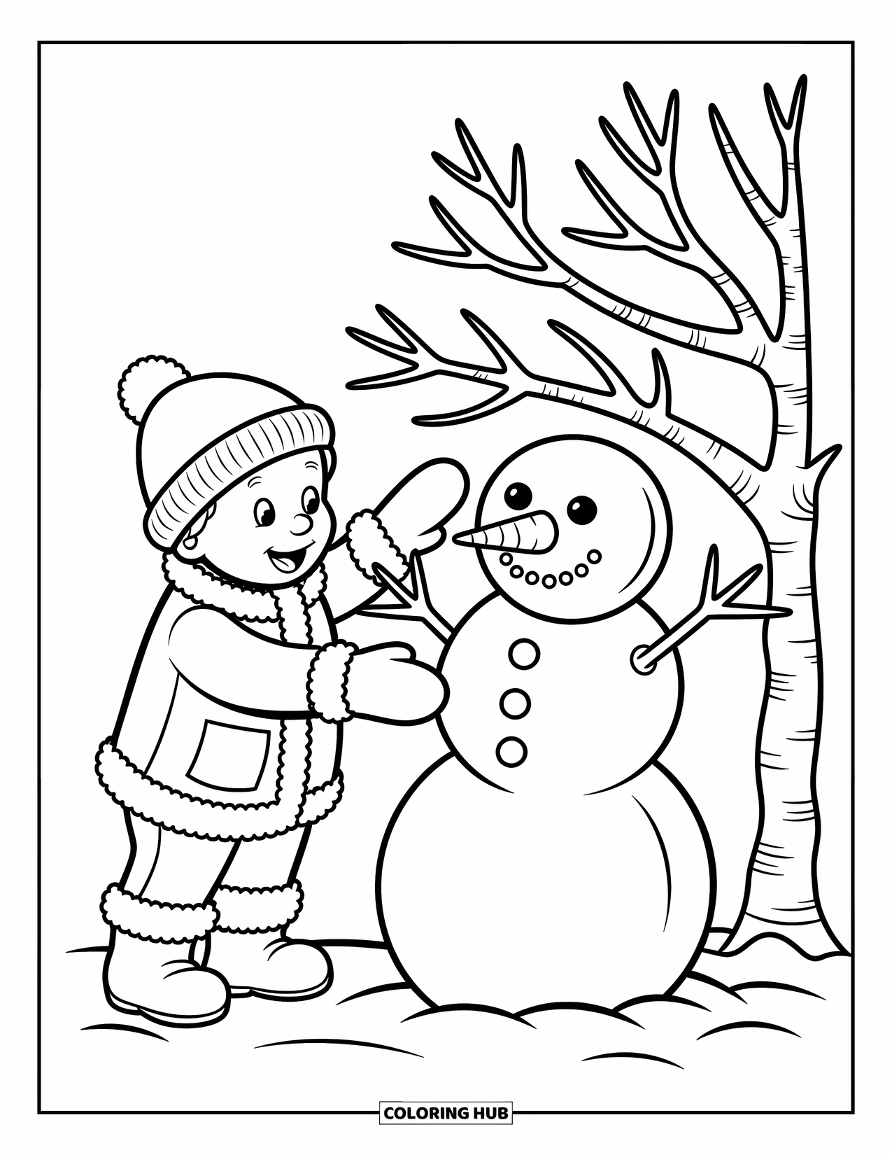Weather Coloring Page for Kids: A child packs snow into a snowman beside a tree with bare, twisty branches