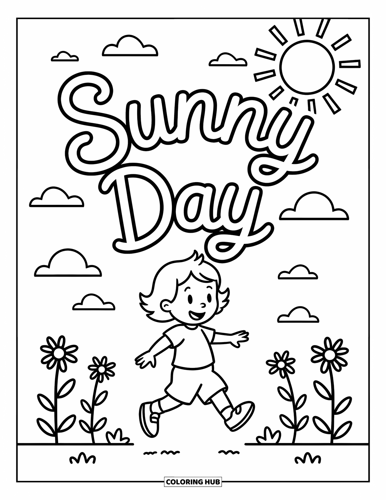 Weather Coloring Page for Kids: A child skips under the sun as "SUNNY DAY" arches above with daisies and clouds