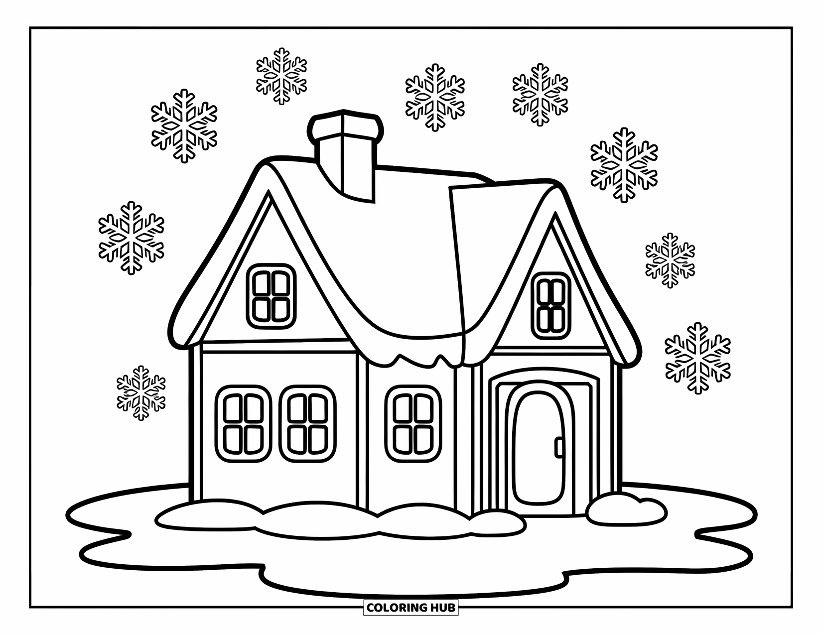 Weather Coloring Page for Kids: A cozy house sits under falling snow with big drifts on the roof