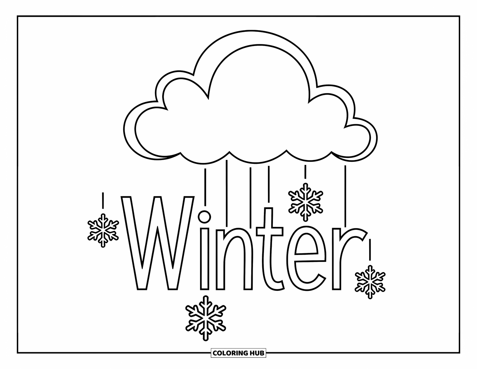 Weather Coloring Page for Kids: A fluffy cloud hangs in the sky while snowflakes drift and "WINTER" shines above