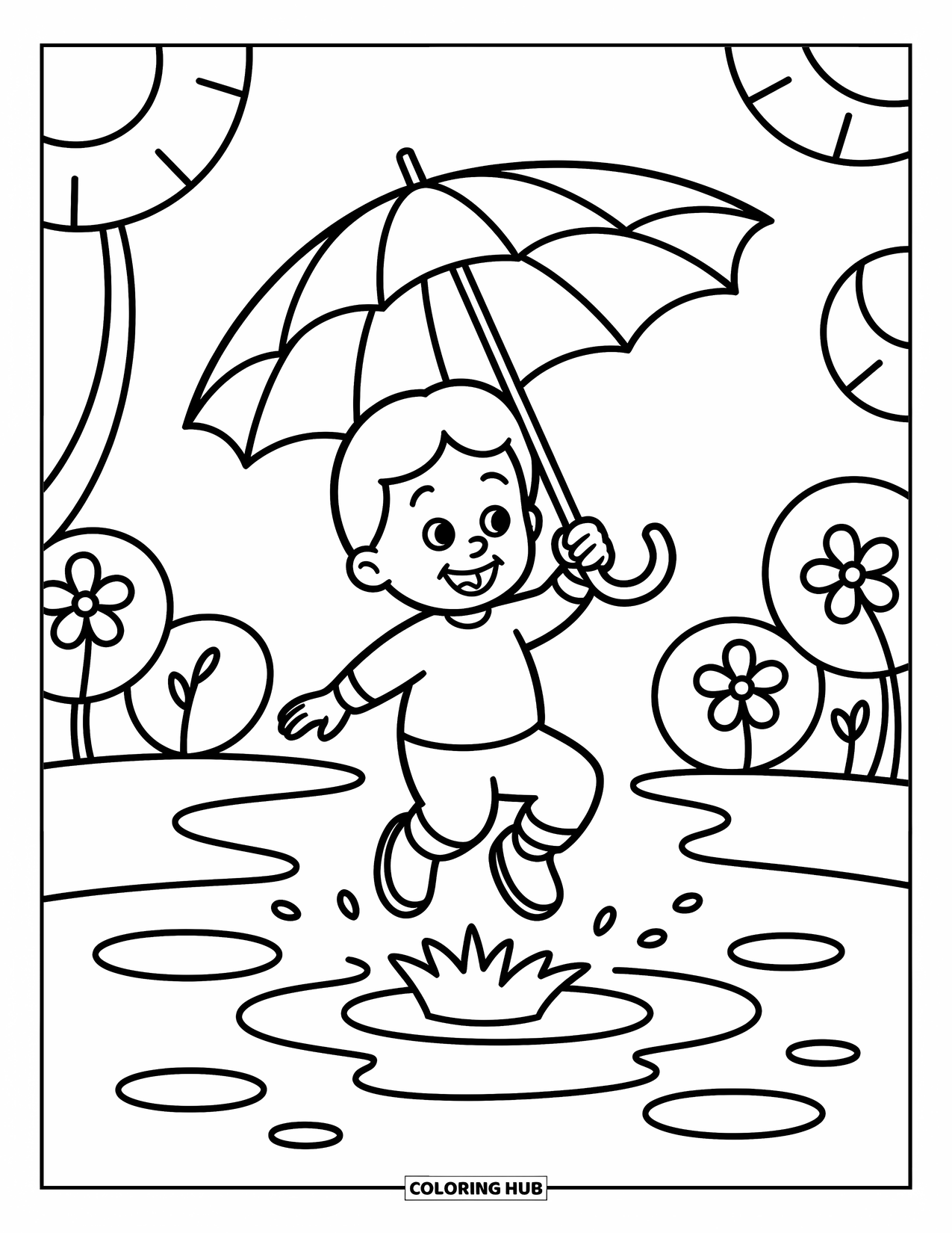 Weather Coloring Page for Kids: A happy child jumps into a puddle as flowers and trees dance nearby