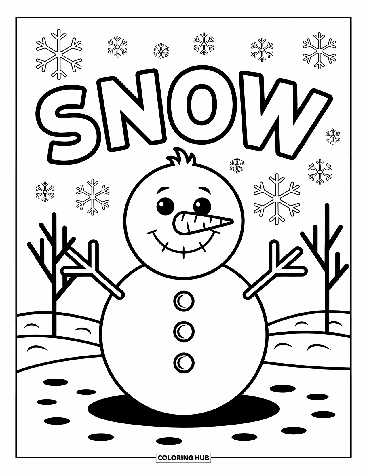 Weather Coloring Page for Kids: A happy snowman stands in the snow as flakes fall and "SNOW" hovers above