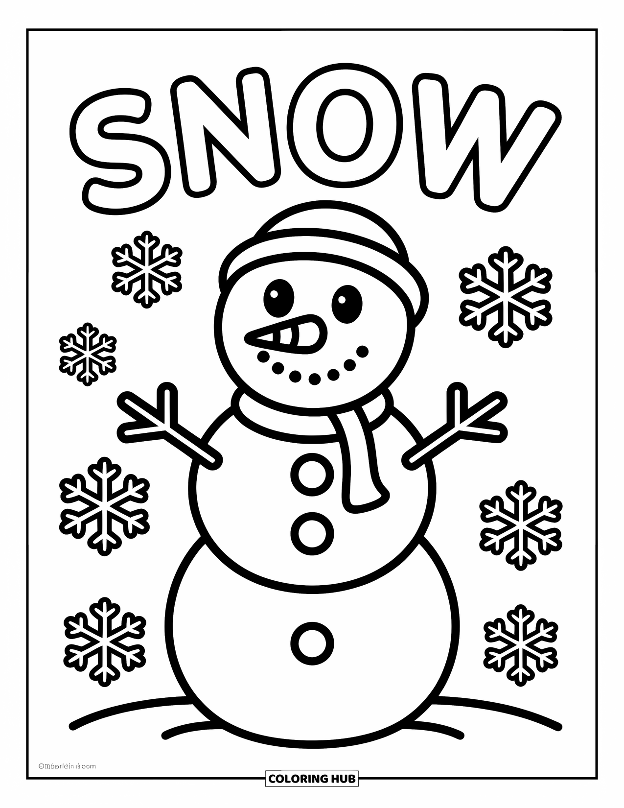 Weather Coloring Page for Kids: A happy snowman stands in the snow as "SNOW" floats above with gentle flakes