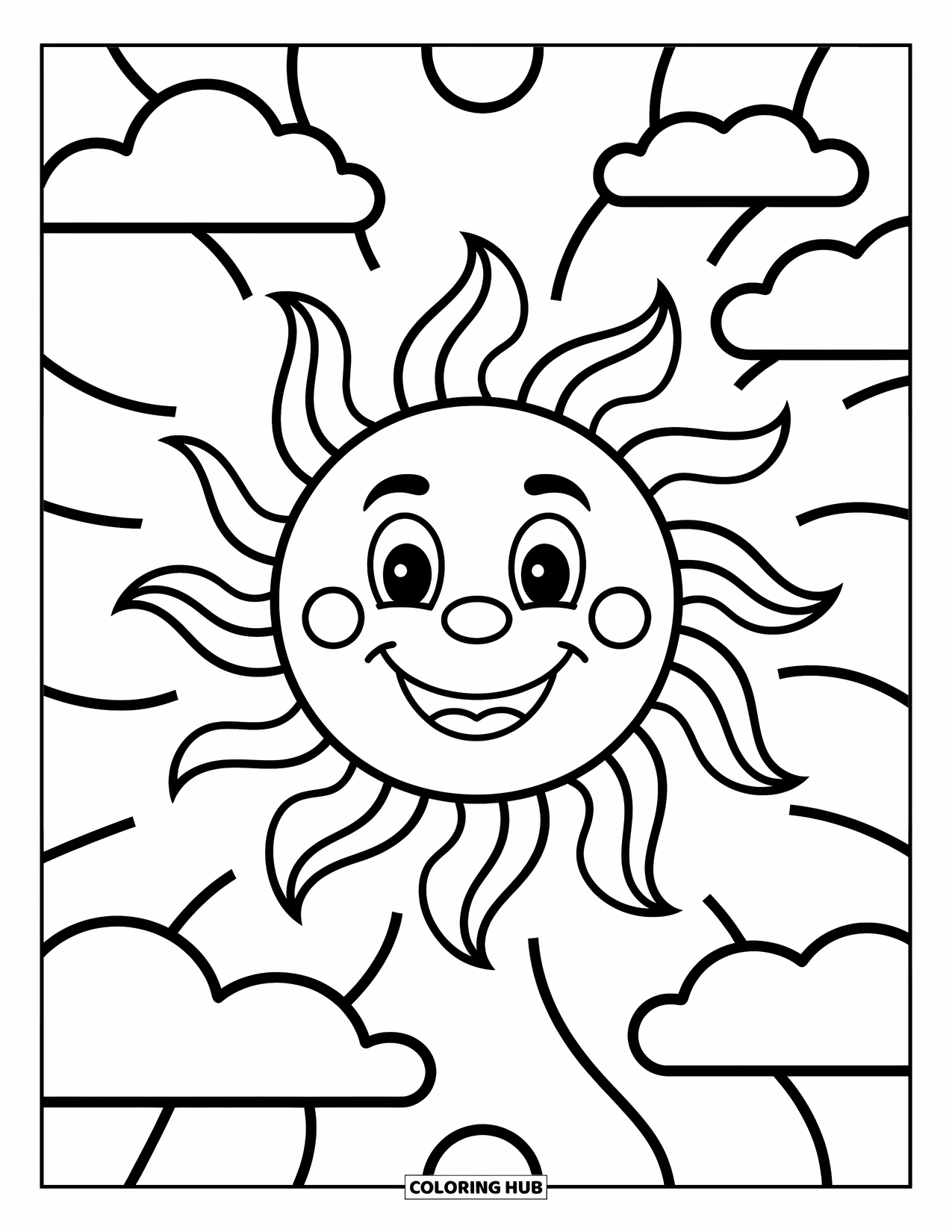 Weather Coloring Page for Kids: A happy sun beams with swirly rays while clouds float gently all around