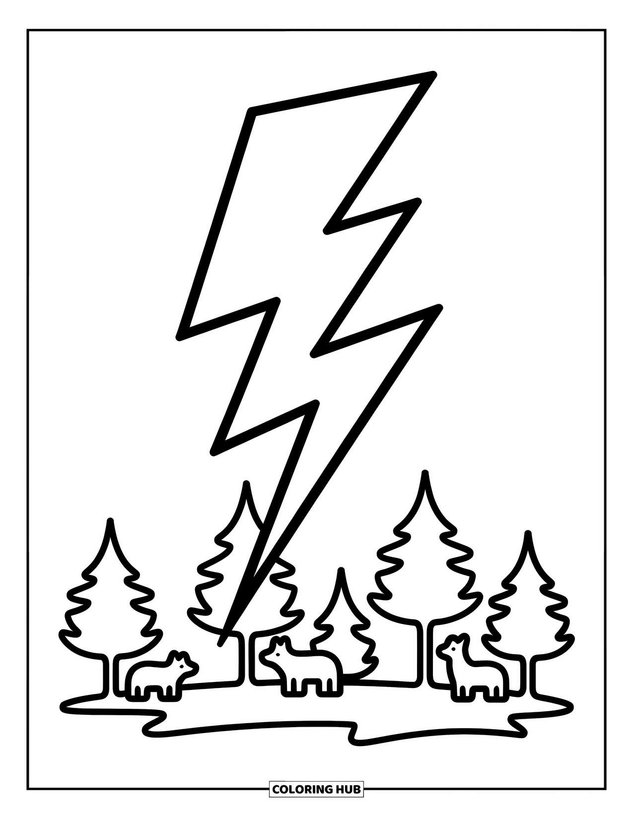 Weather Coloring Page for Kids: A jagged bolt strikes above a forest filled with playful tree shapes