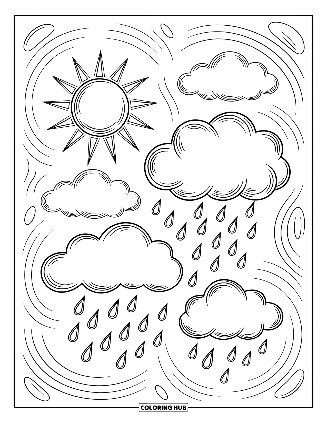 Weather Coloring Page for Kids: A journal page features whimsical sketches of clouds, raindrops, and a shining sun