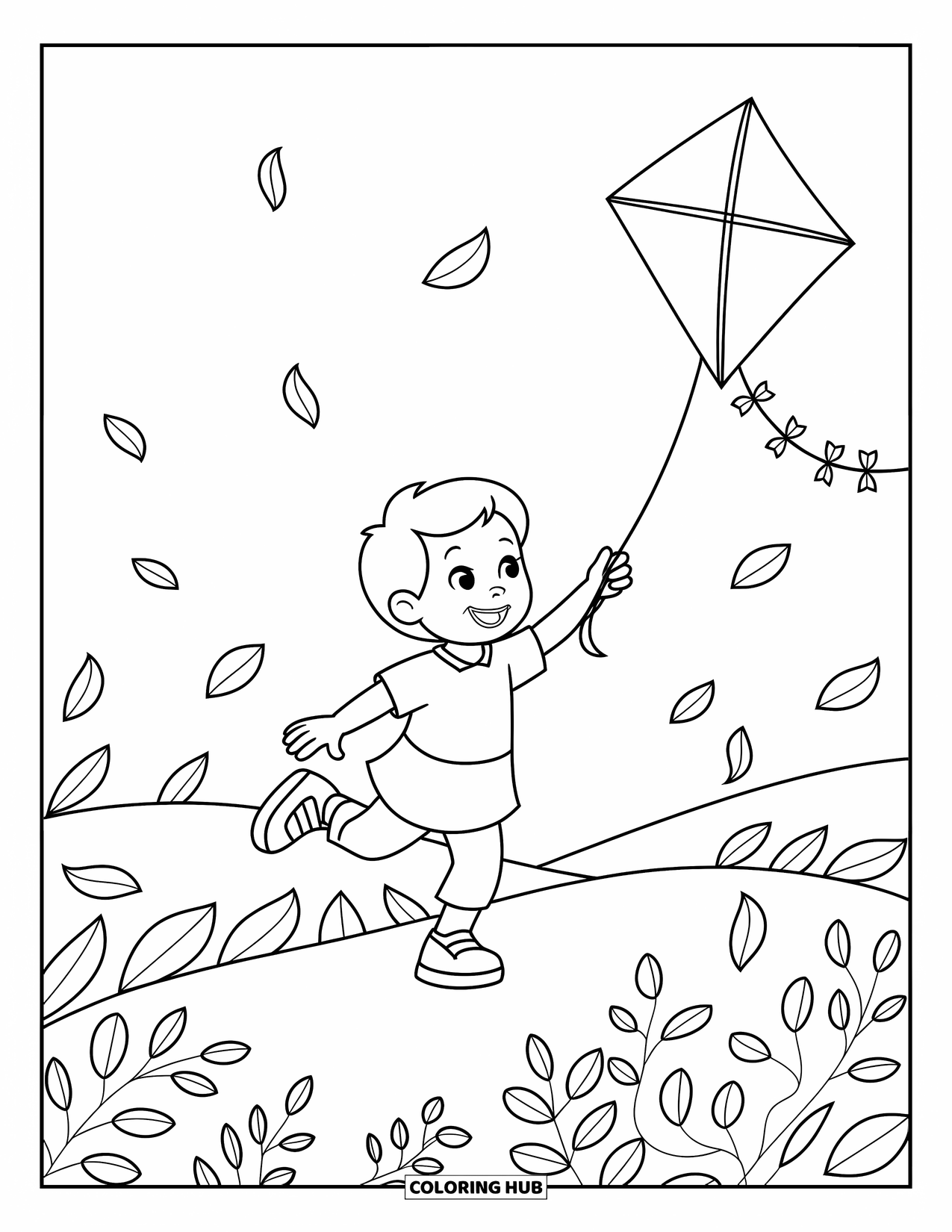 Weather Coloring Page for Kids: A joyful child holds a kite string as wind spins leaves around them