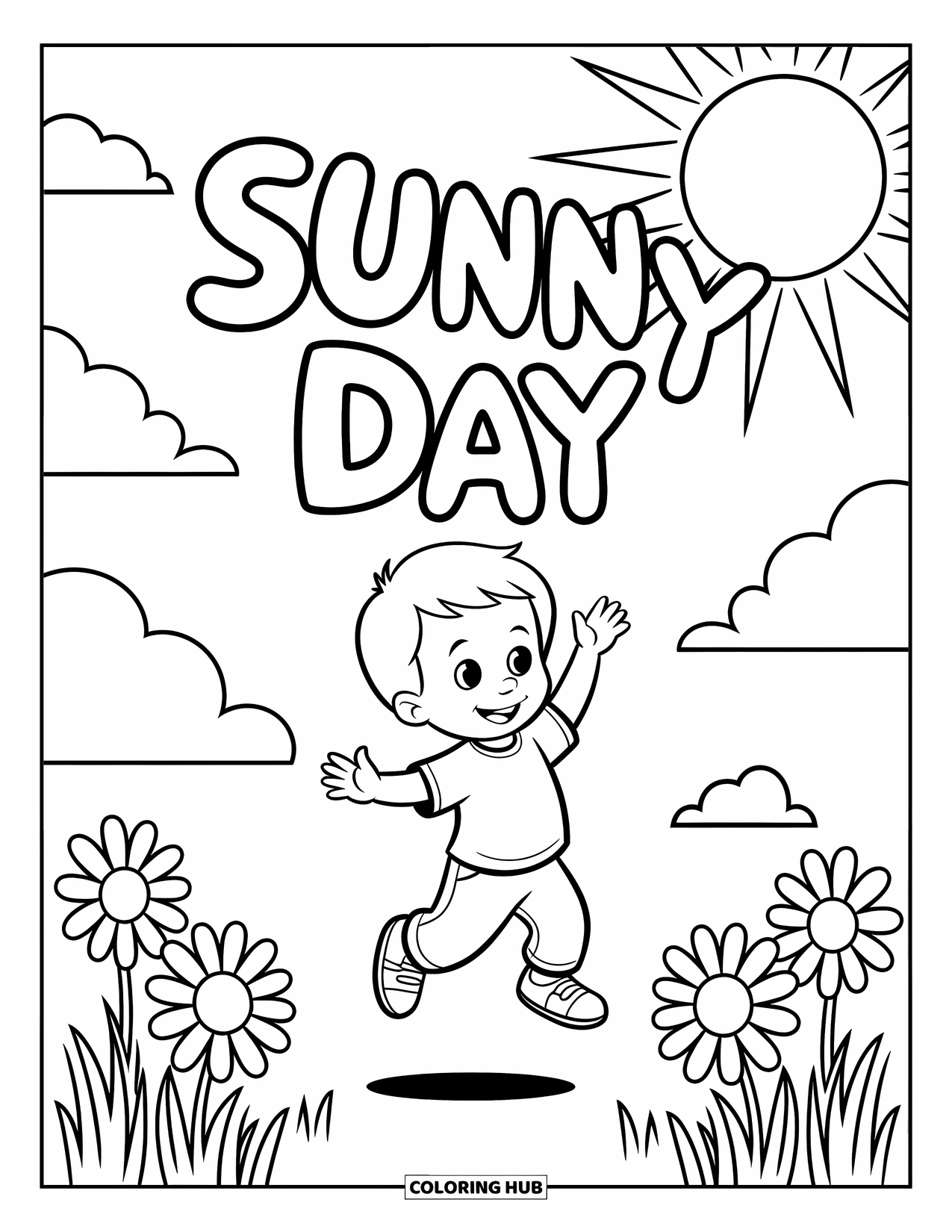 Weather Coloring Page for Kids: A joyful child plays beneath a shining sun and the words "SUNNY DAY" in the sky