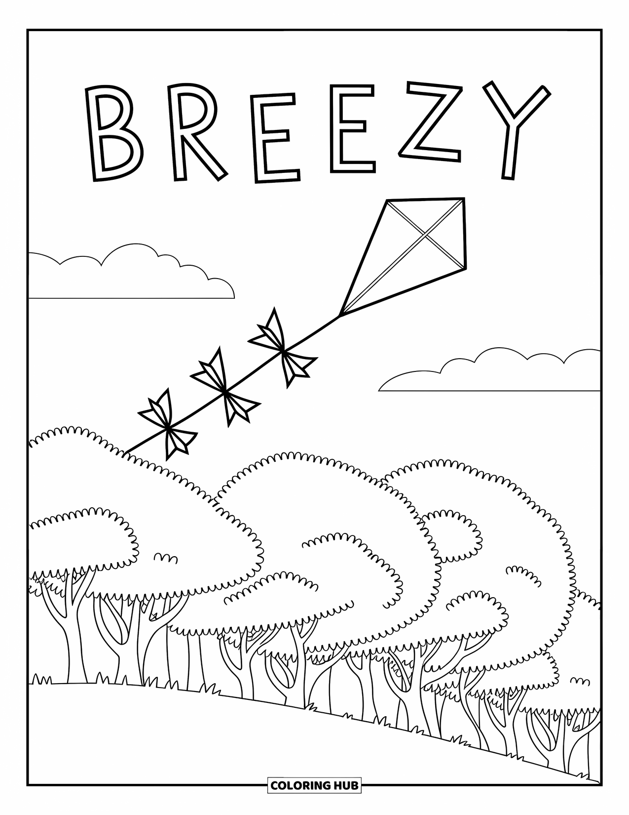 Weather Coloring Page for Kids: A kite floats above swaying trees with "BREEZY" written across the sky