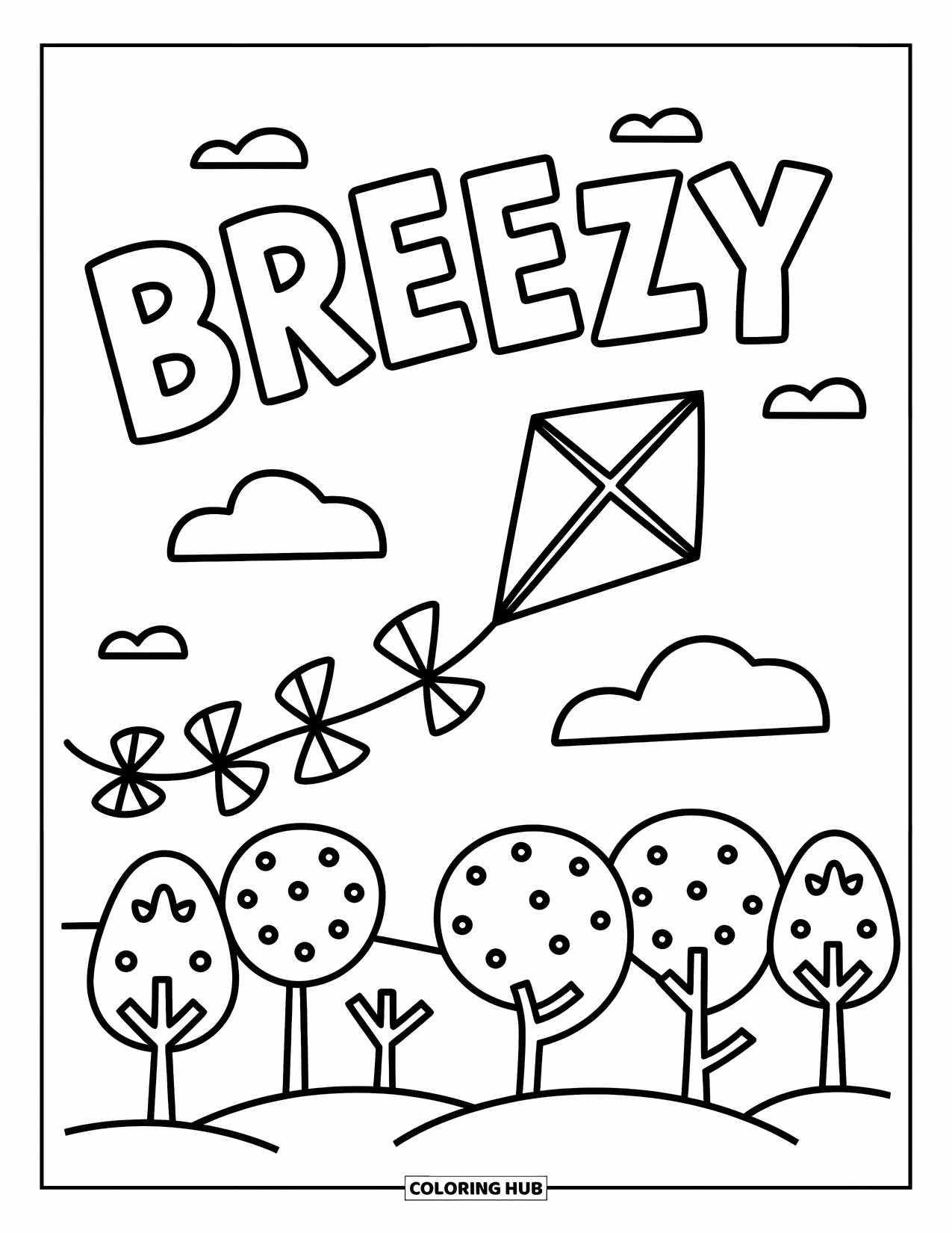 Weather Coloring Page for Kids: A kite soars above trees with "BREEZY" floating playfully across the sky