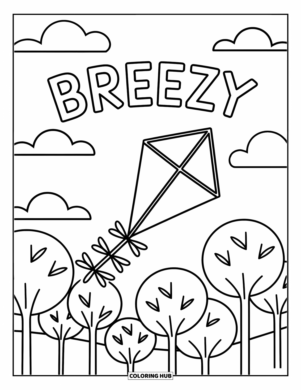Weather Coloring Page for Kids: A kite soars high above trees while "BREEZY" dances gently in the air