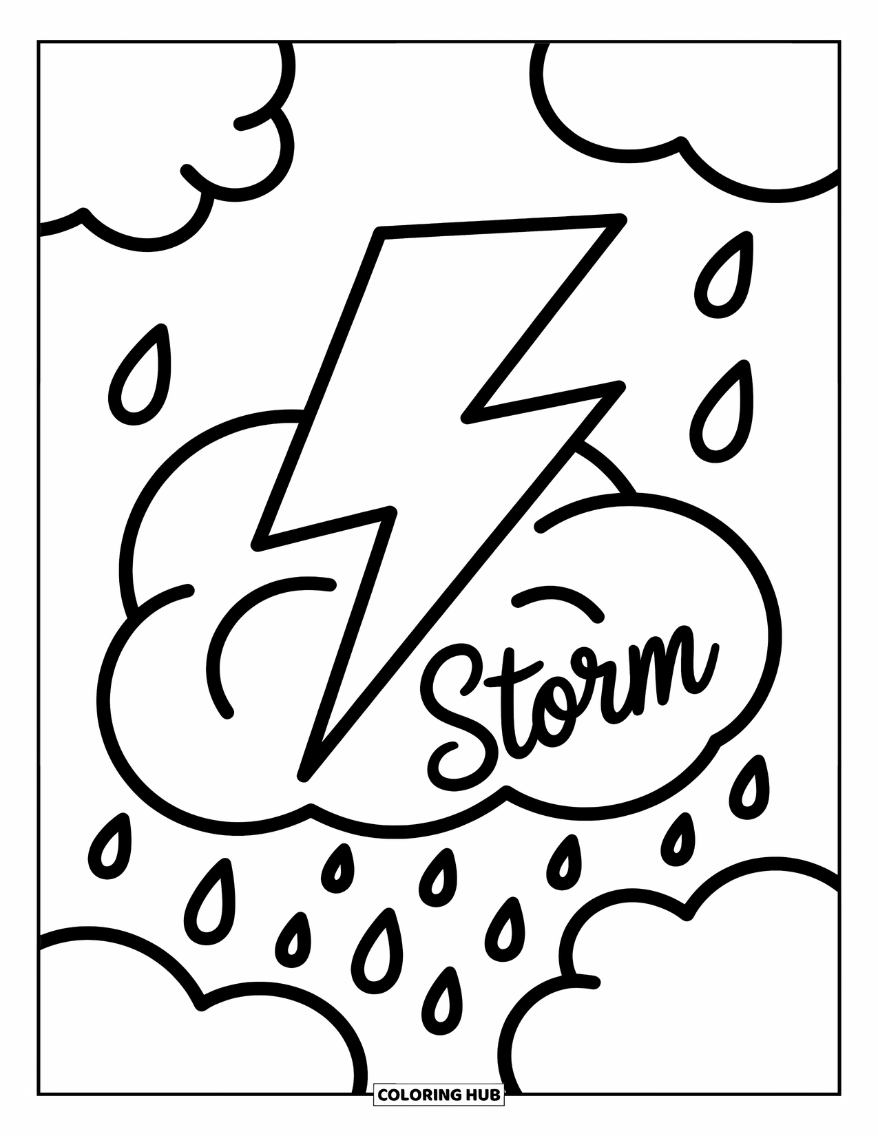 Weather Coloring Page for Kids: A lightning bolt flashes from a cloud as "STORM" appears beside soft raindrops