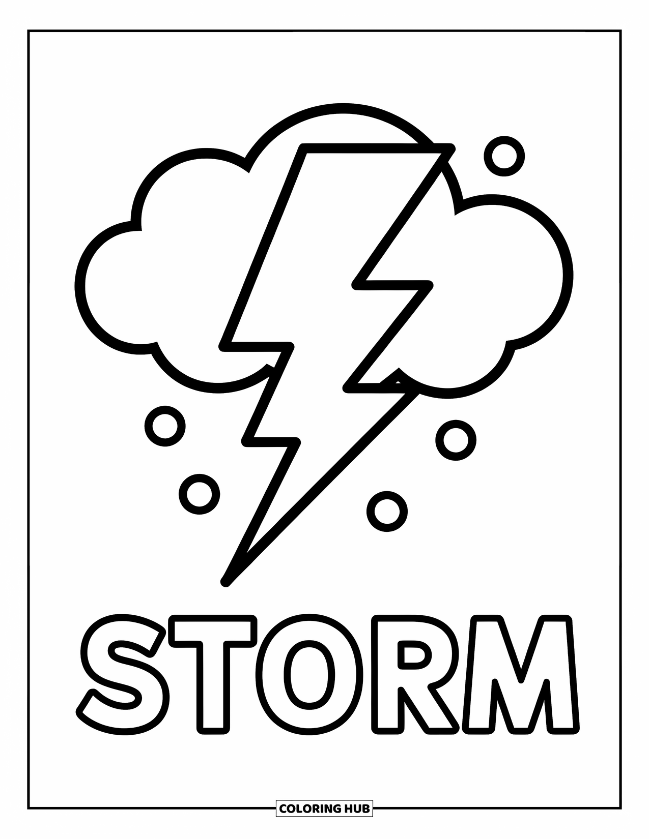 Weather Coloring Page for Kids: A lightning bolt shoots from a fluffy cloud while "STORM" stands boldly in the sky