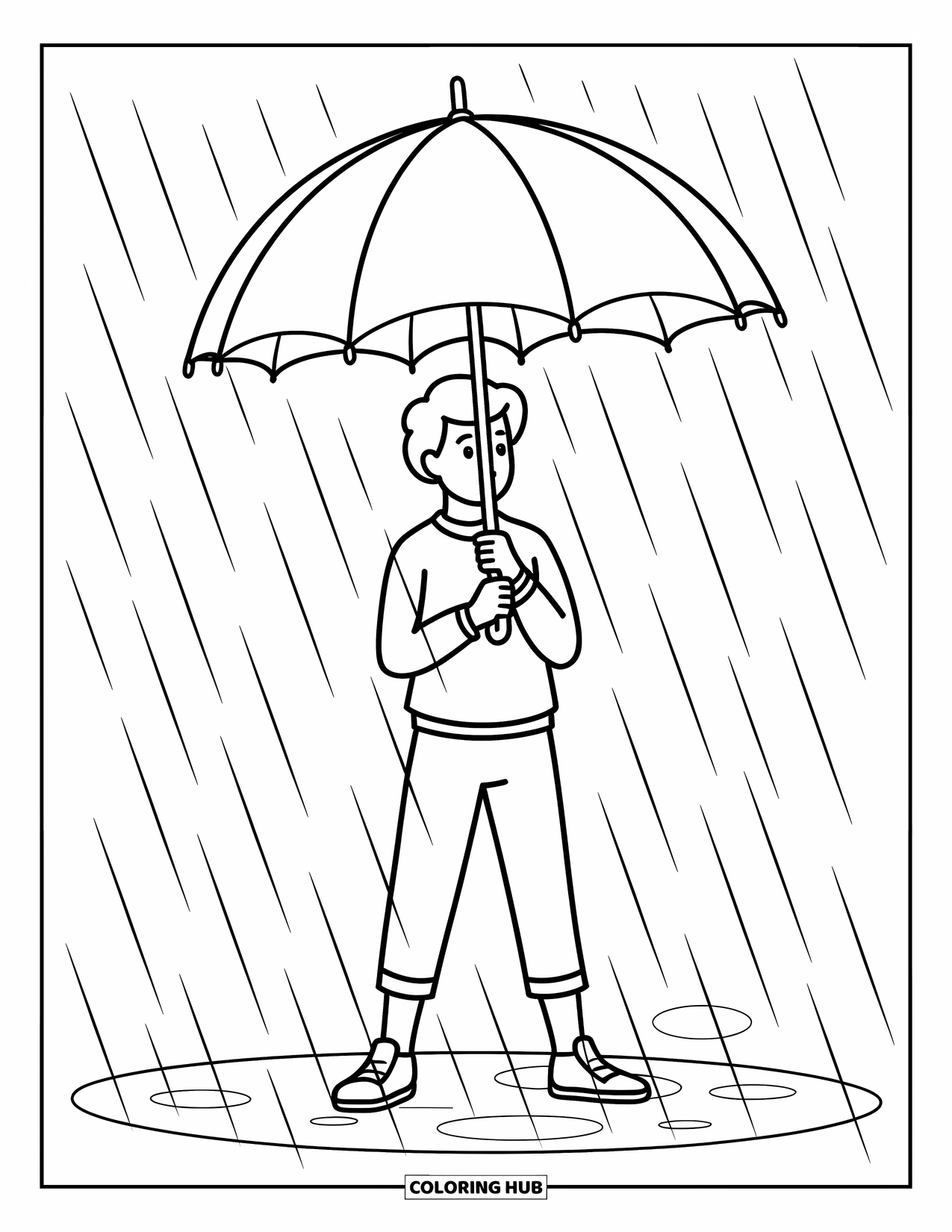 Weather Coloring Page for Kids: A person holds an umbrella tightly while wind and rain sweep through the scene