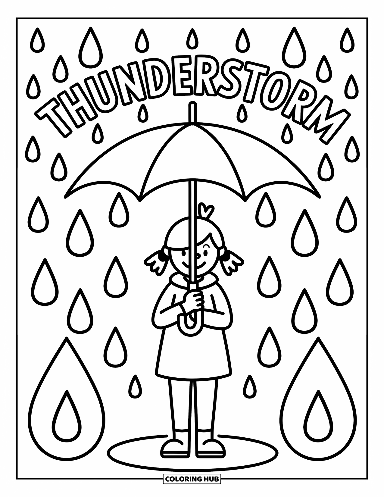 Weather Coloring Page for Kids: A person stands under an umbrella as big raindrops fall and "THUNDERSTORM" appears above