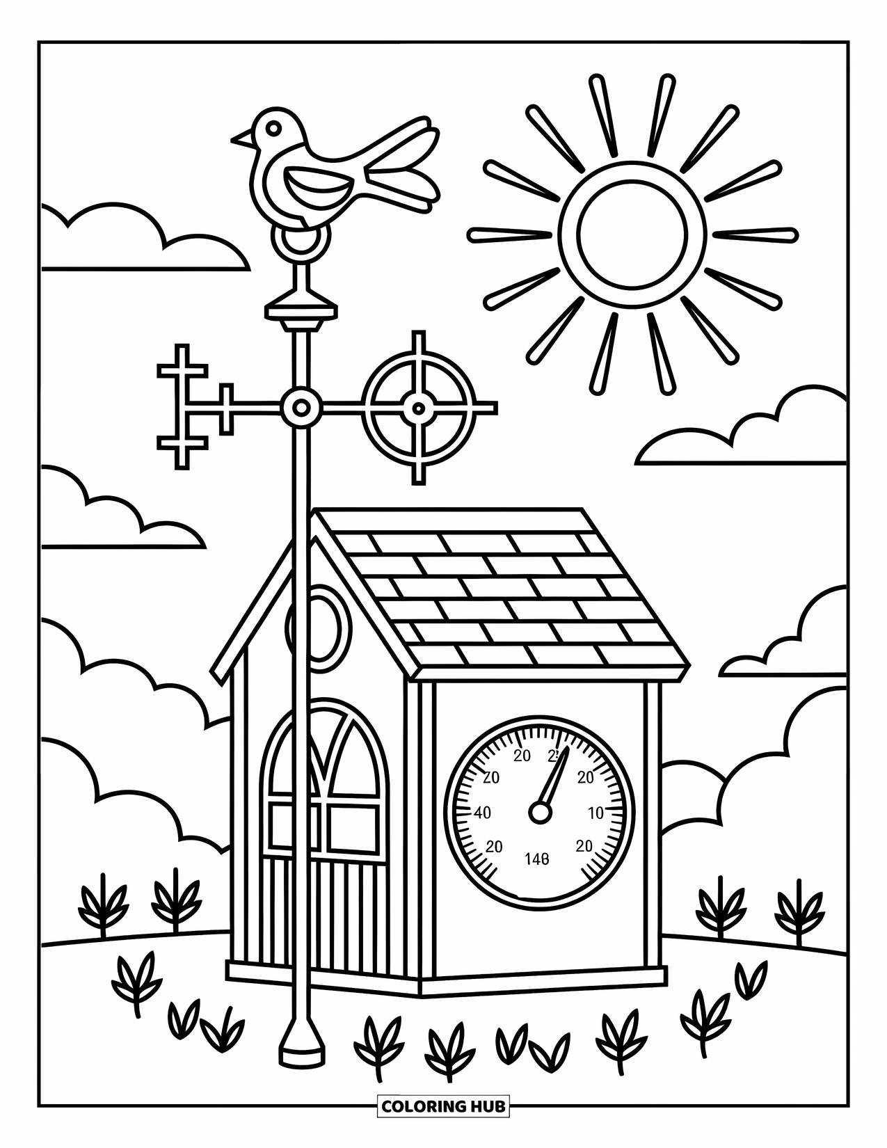 Weather Coloring Page for Kids: A playful weather station spins gently under swirly clouds and flying birds