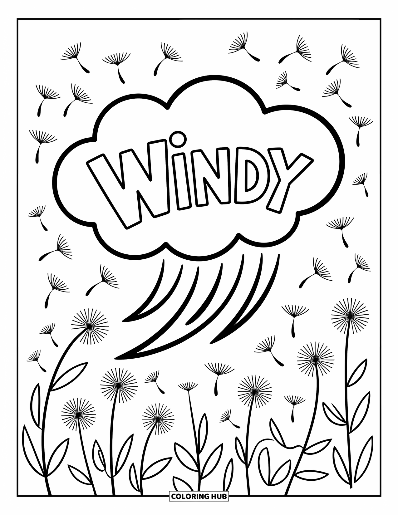 Weather Coloring Page for Kids: A puffy cloud blows swirls of air as "WINDY" floats above leaves and seeds